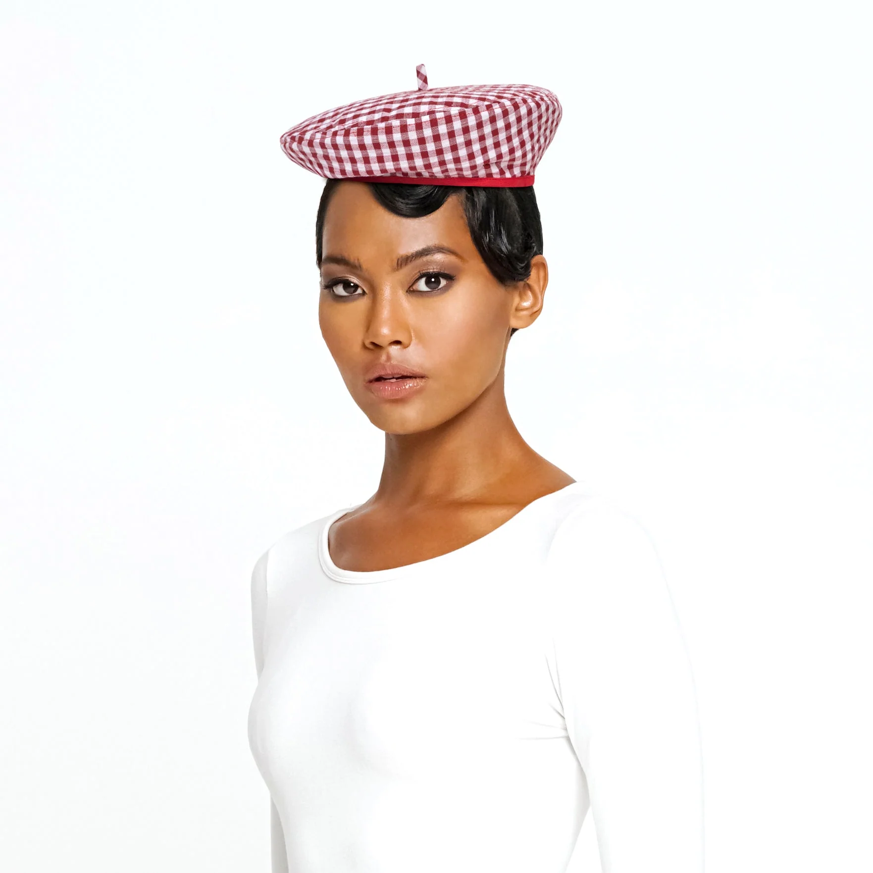 SIMONE Gingham Beret Hat In Red - Image 2