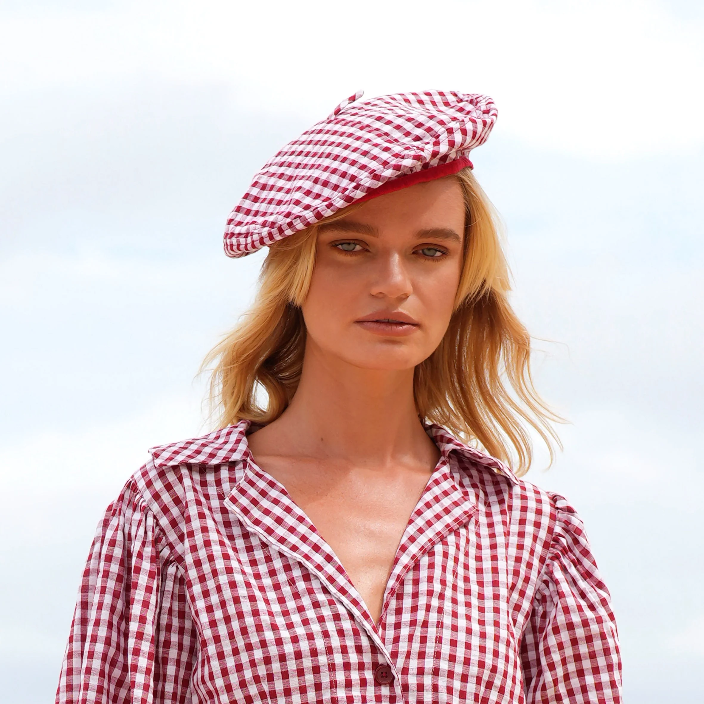 SIMONE Gingham Beret Hat In Red - Image 4