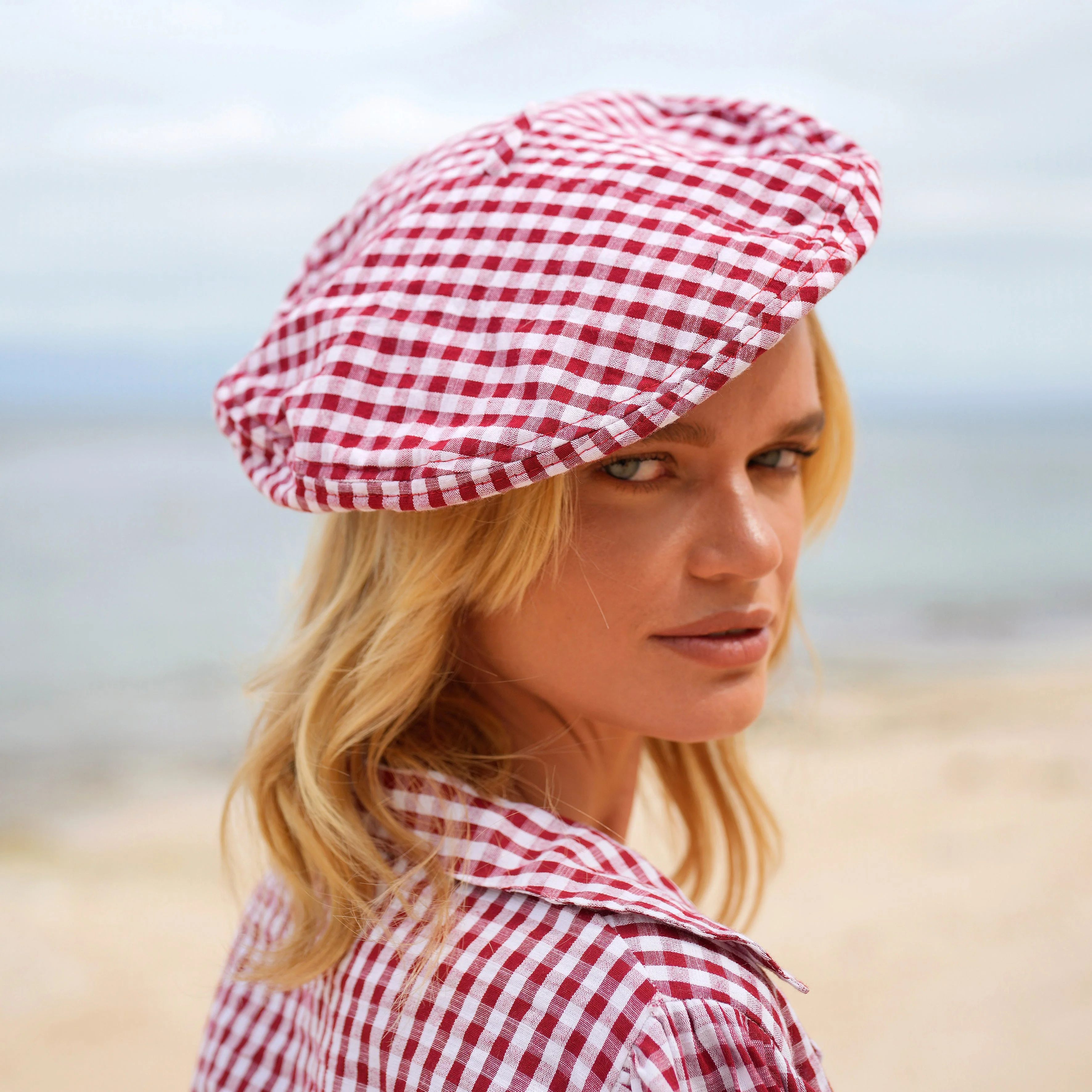 SIMONE Gingham Beret Hat In Red - Image 5