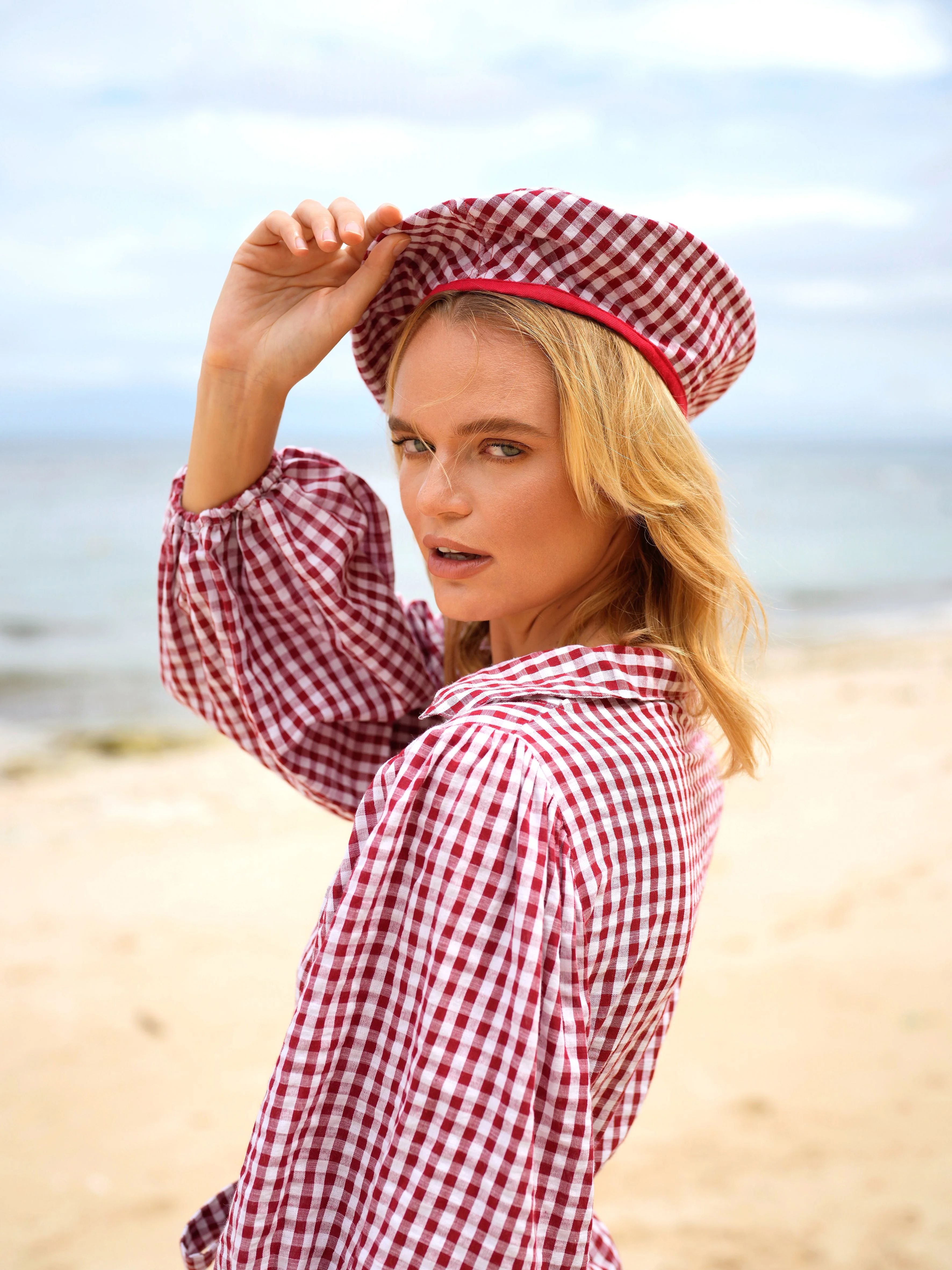 SIMONE Gingham Beret Hat In Red - Image 6