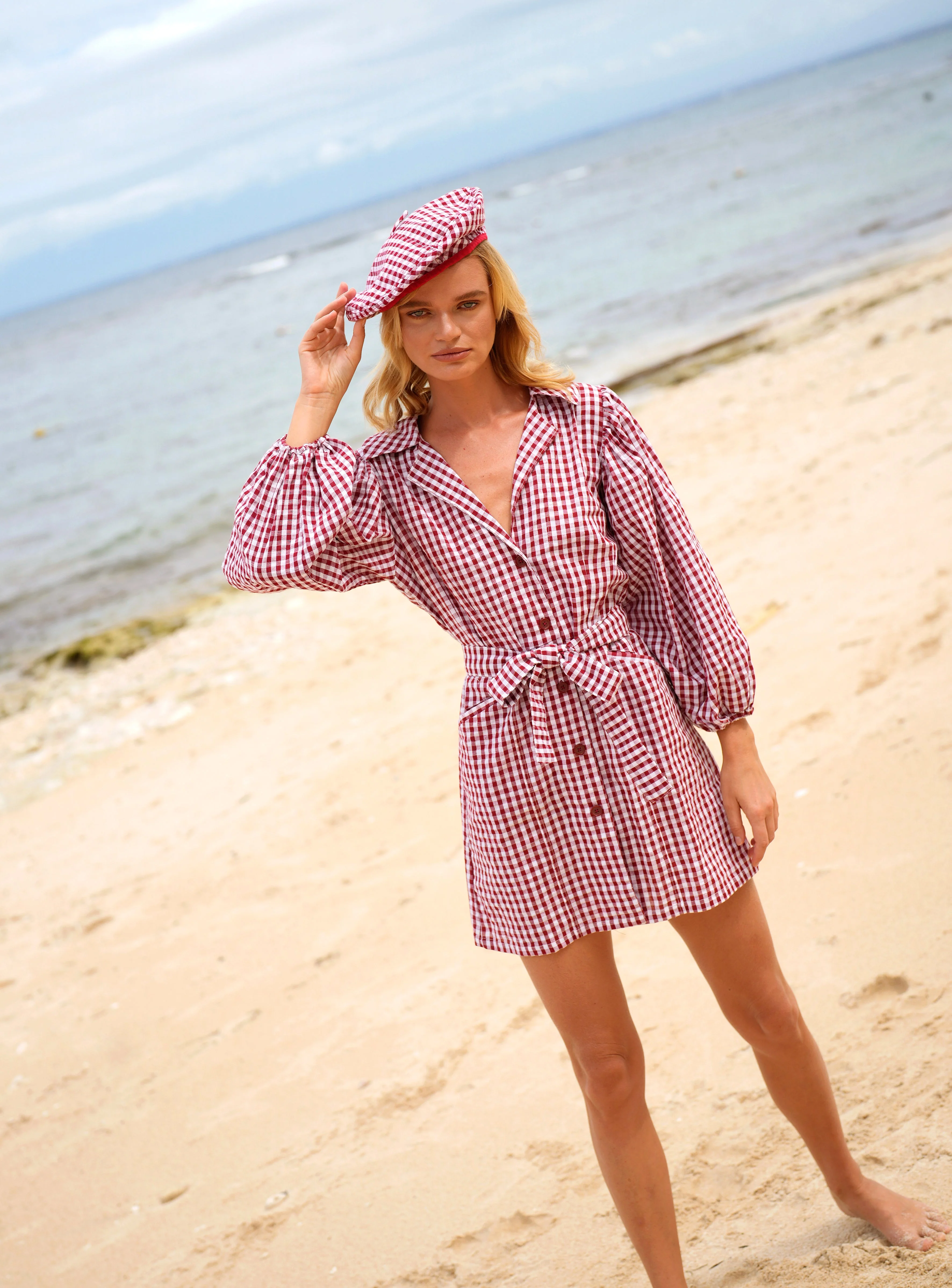 SIMONE Gingham Beret Hat In Red - Image 7