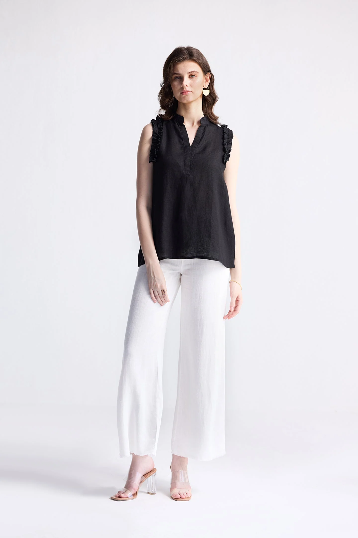 Sleeveless Hemp Top with Ruffles in Black - Image 3