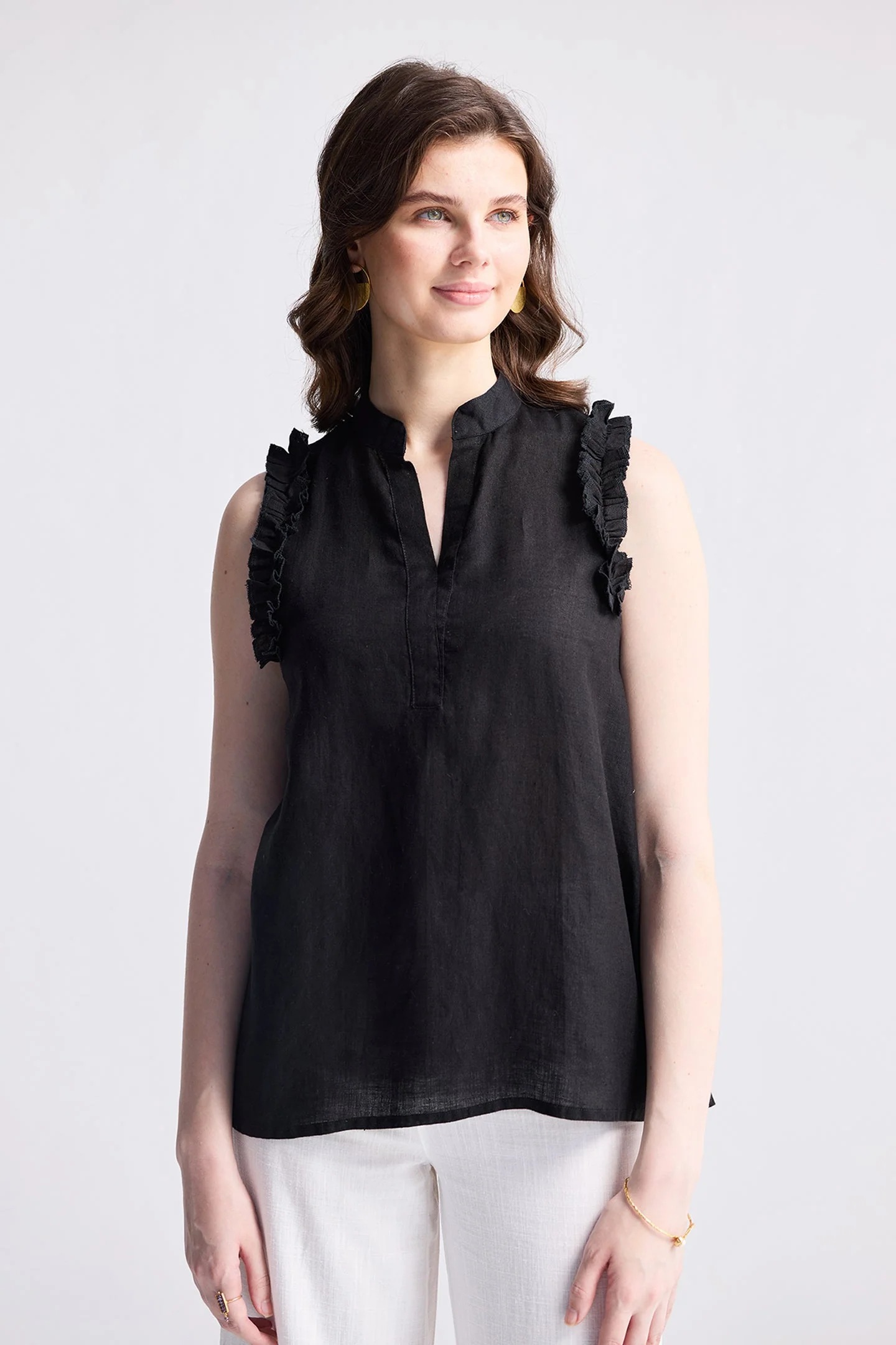 Sleeveless Hemp Top with Ruffles in Black - Image 6