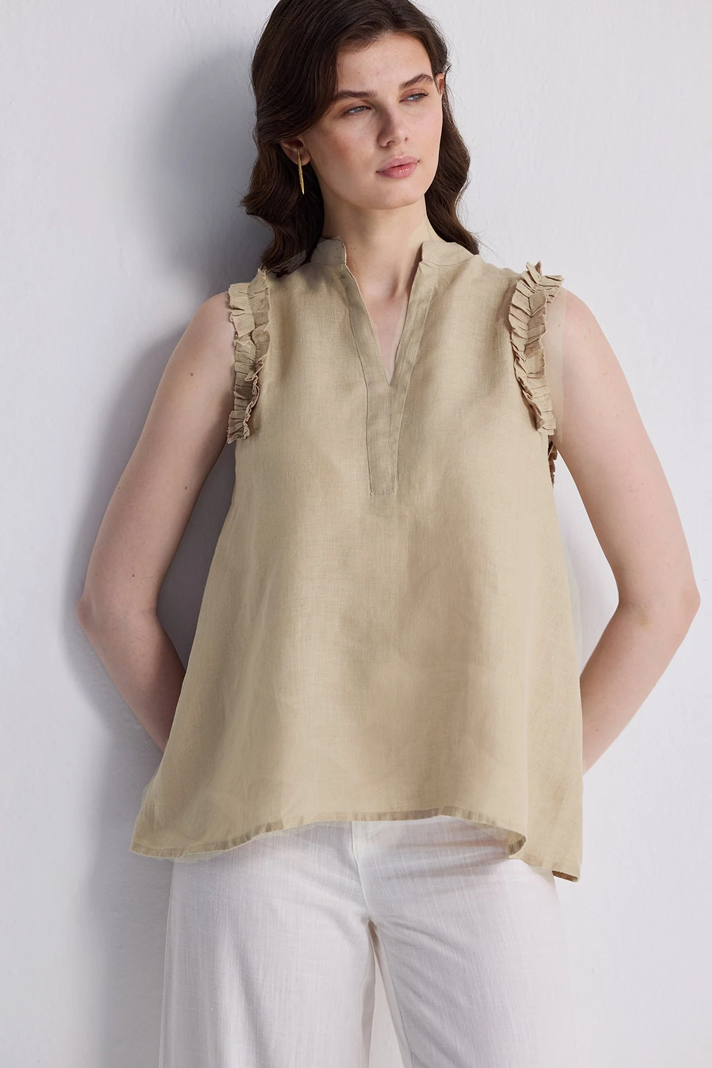 Sleeveless Hemp Top with Ruffles in Neutral Beige - Image 3