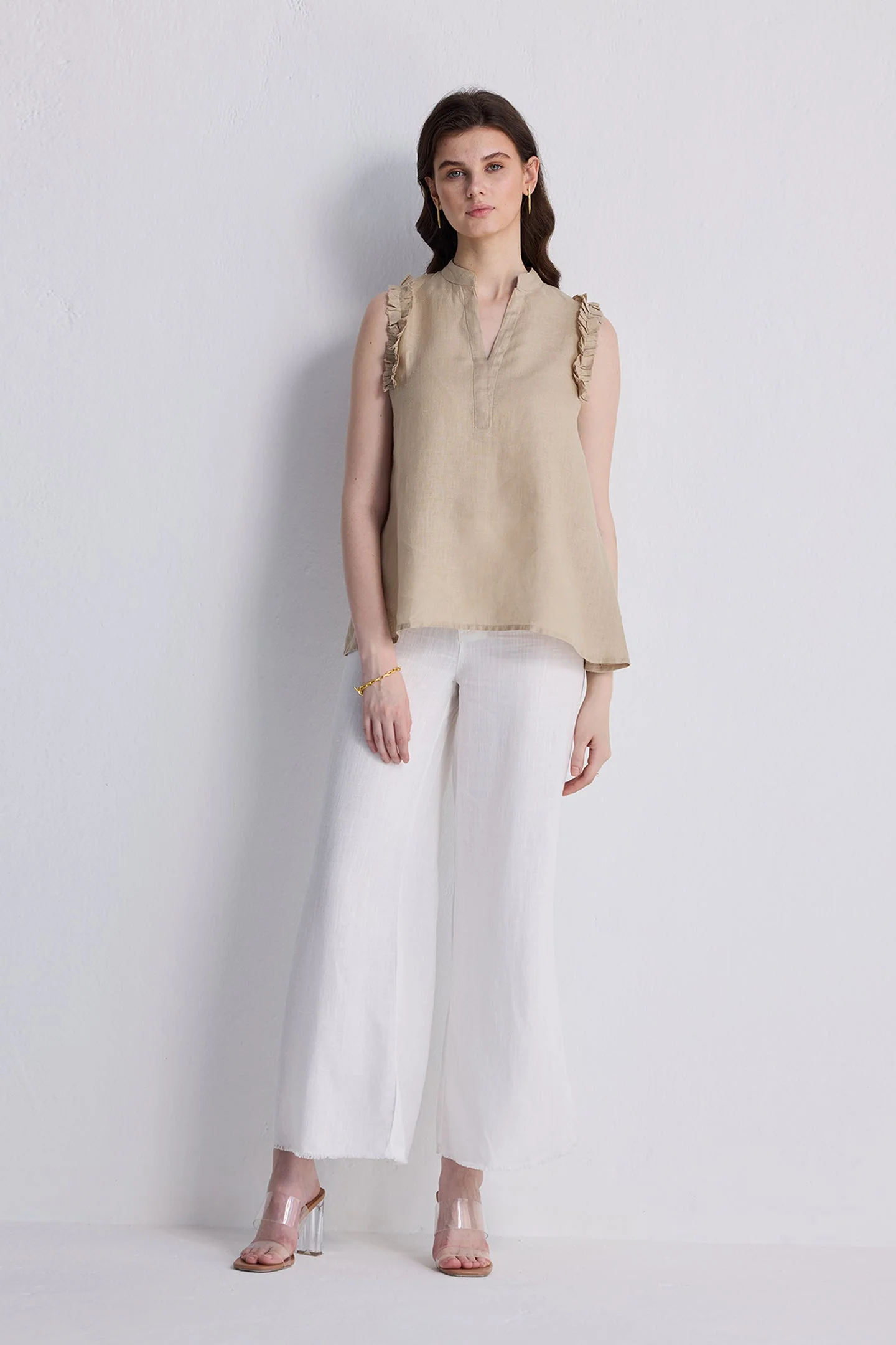 Sleeveless Hemp Top with Ruffles in Neutral Beige - Image 5