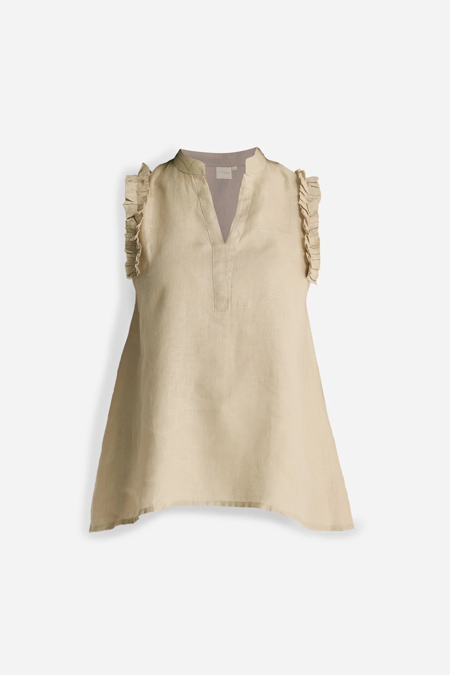 Sleeveless Hemp Top with Ruffles in Neutral Beige - Image 6