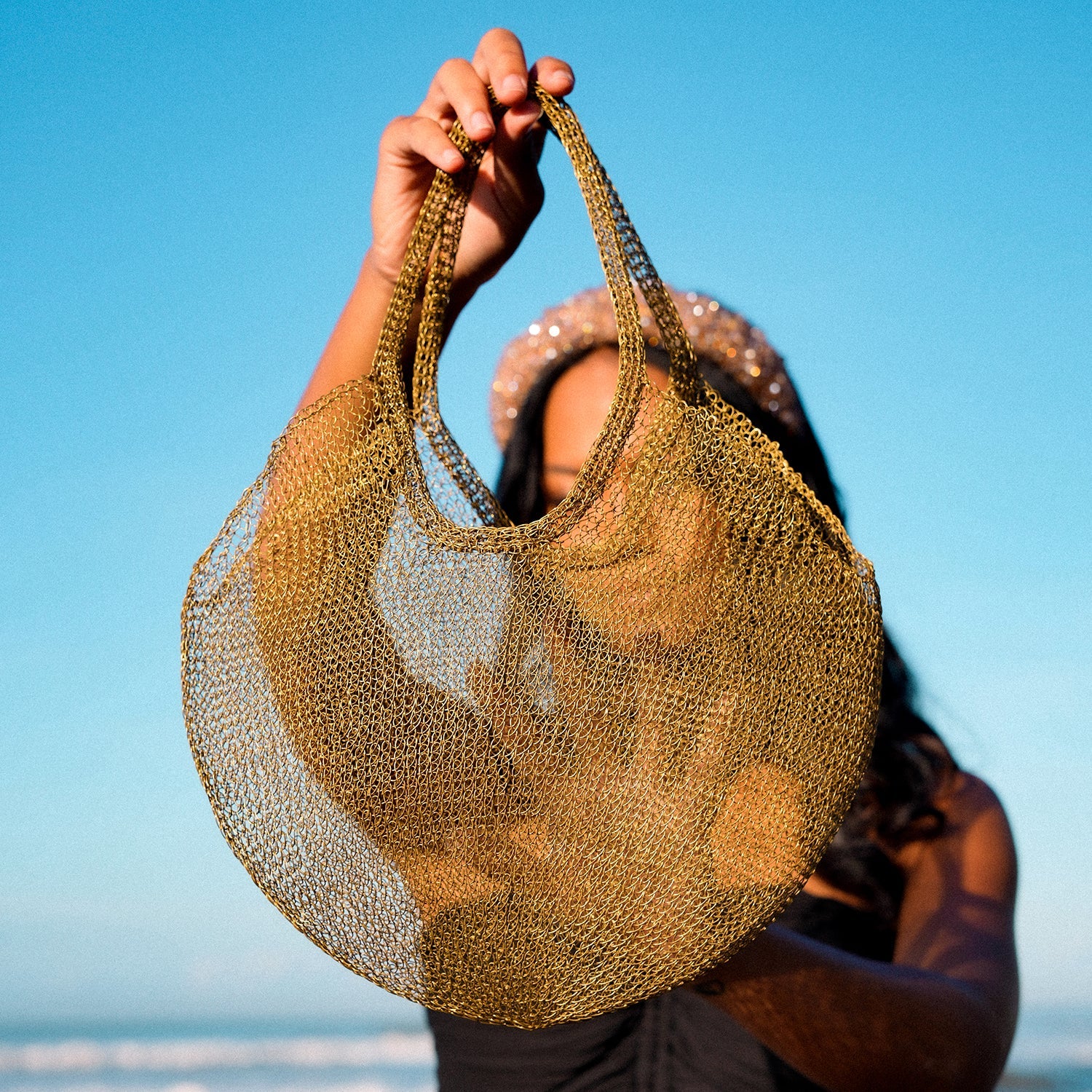 SOL Mesh Wire Tote Bag in Dark Gold - Image 4