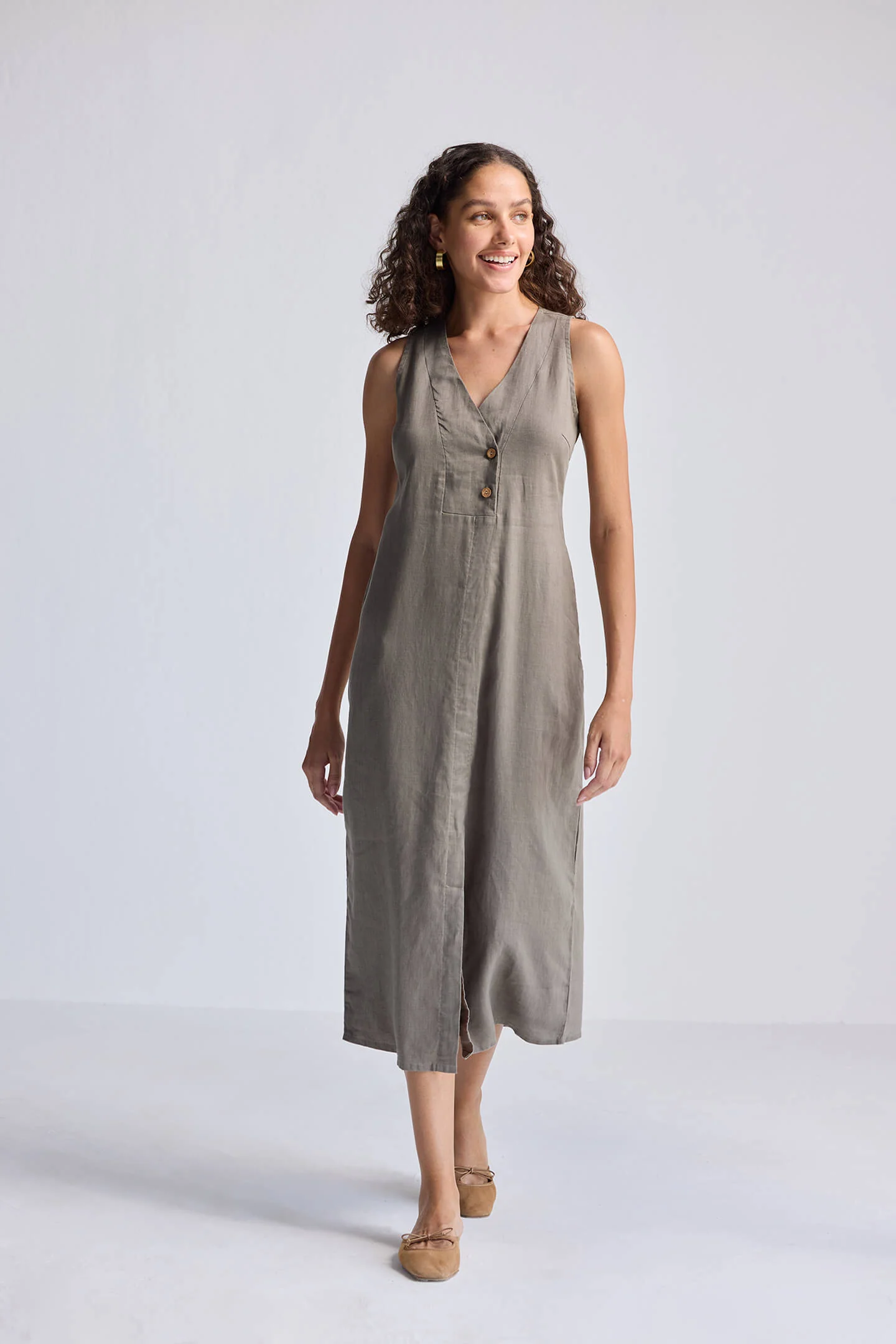 Straight Dress with Front Slit in Dark Green Hemp - Image 10