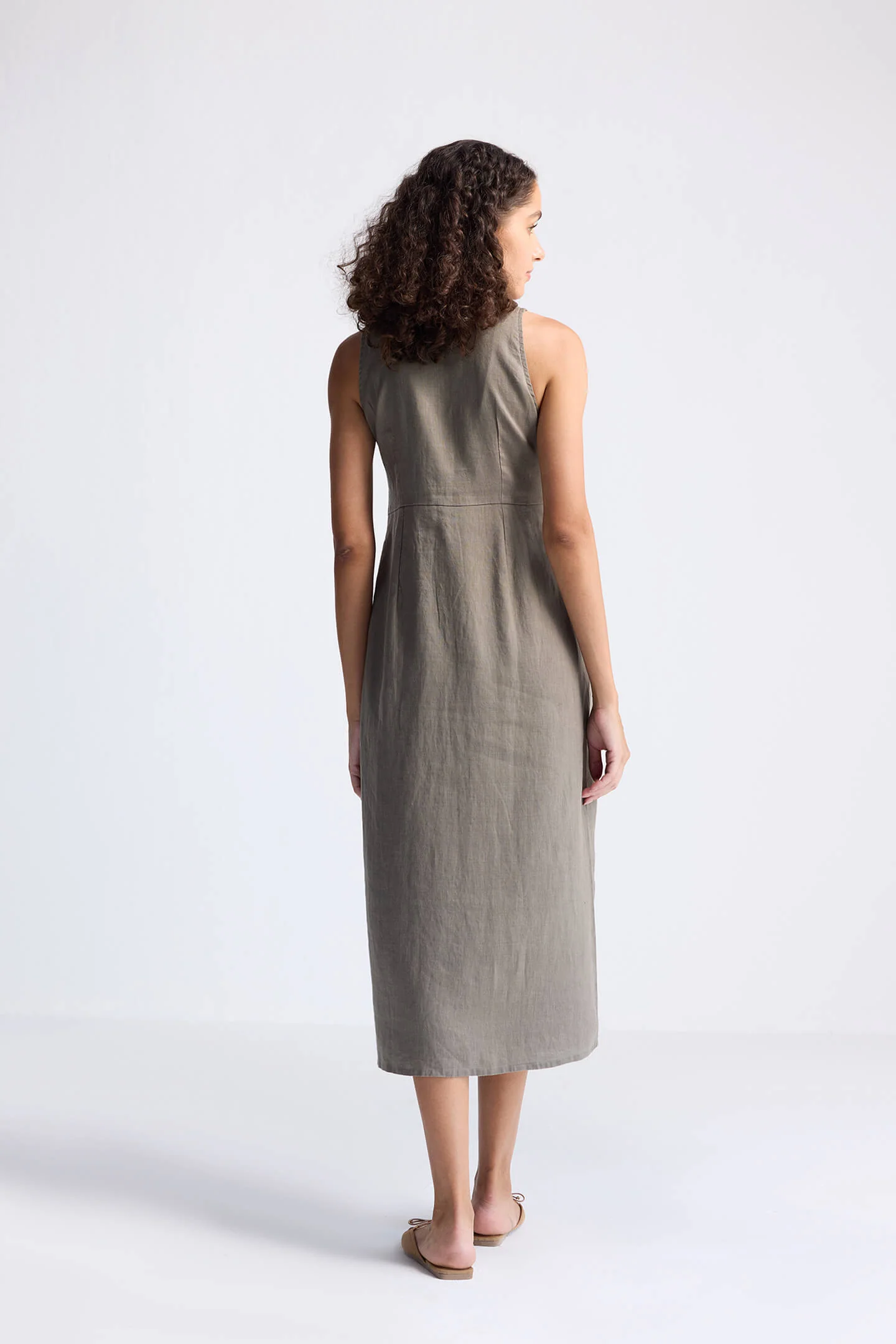 Straight Dress with Front Slit in Dark Green Hemp - Image 2