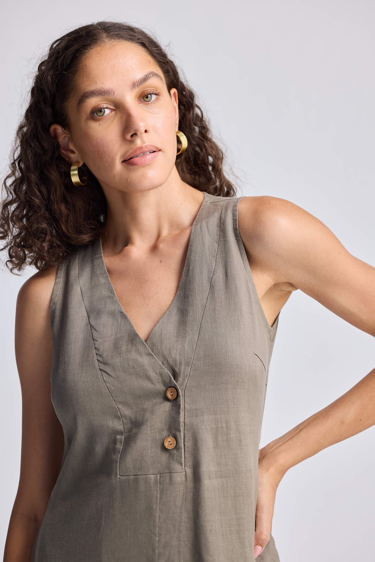 Straight Dress with Front Slit in Dark Green Hemp - Image 4