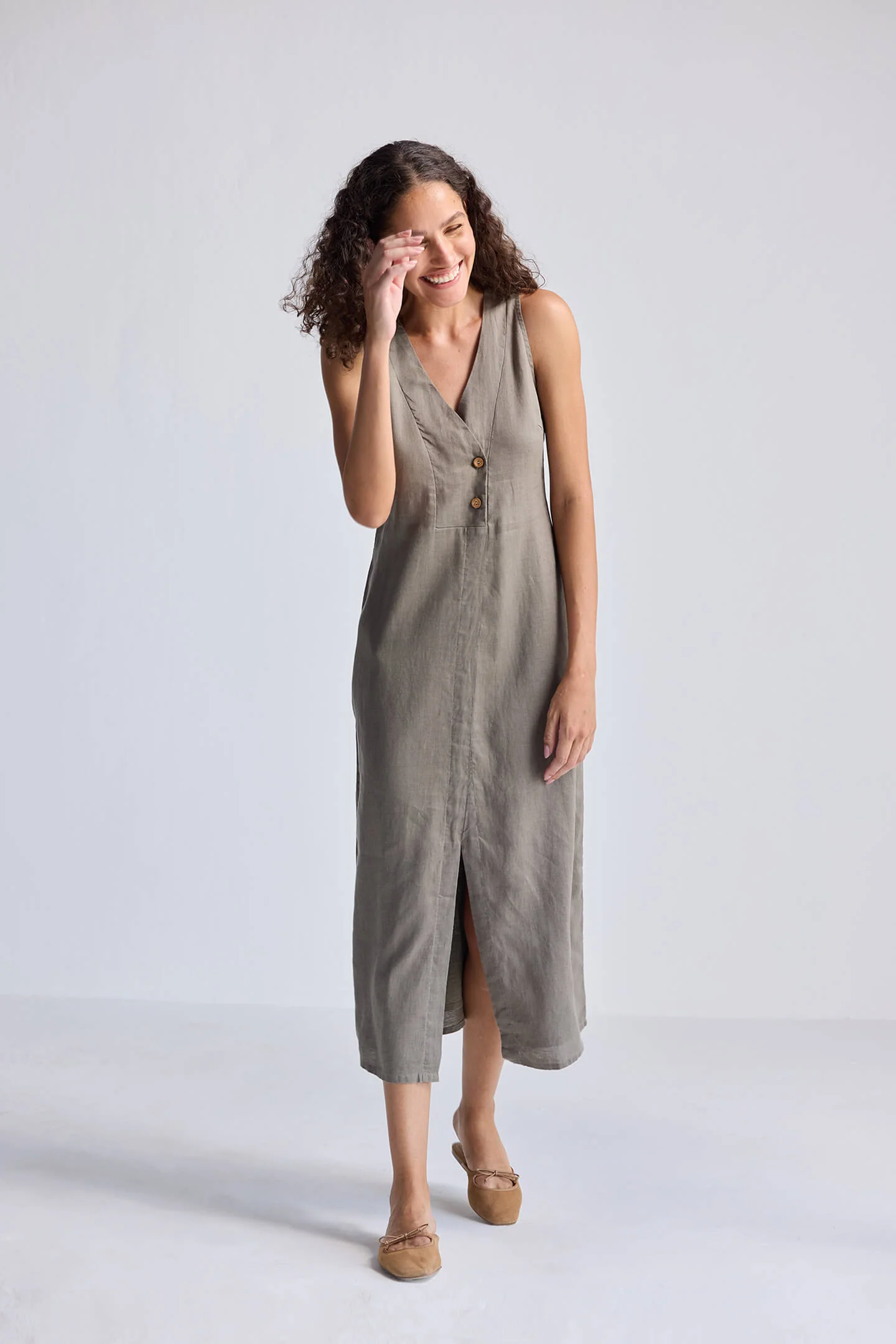 Straight Dress with Front Slit in Dark Green Hemp - Image 5