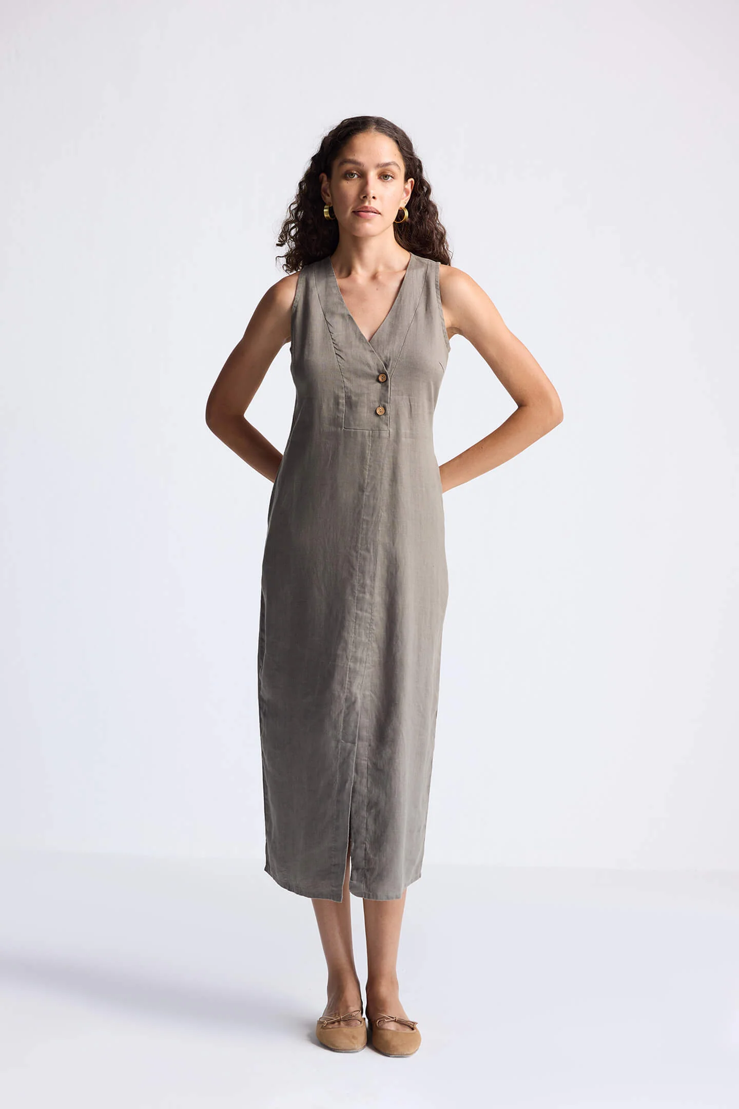 Straight Dress with Front Slit in Dark Green Hemp - Image 6