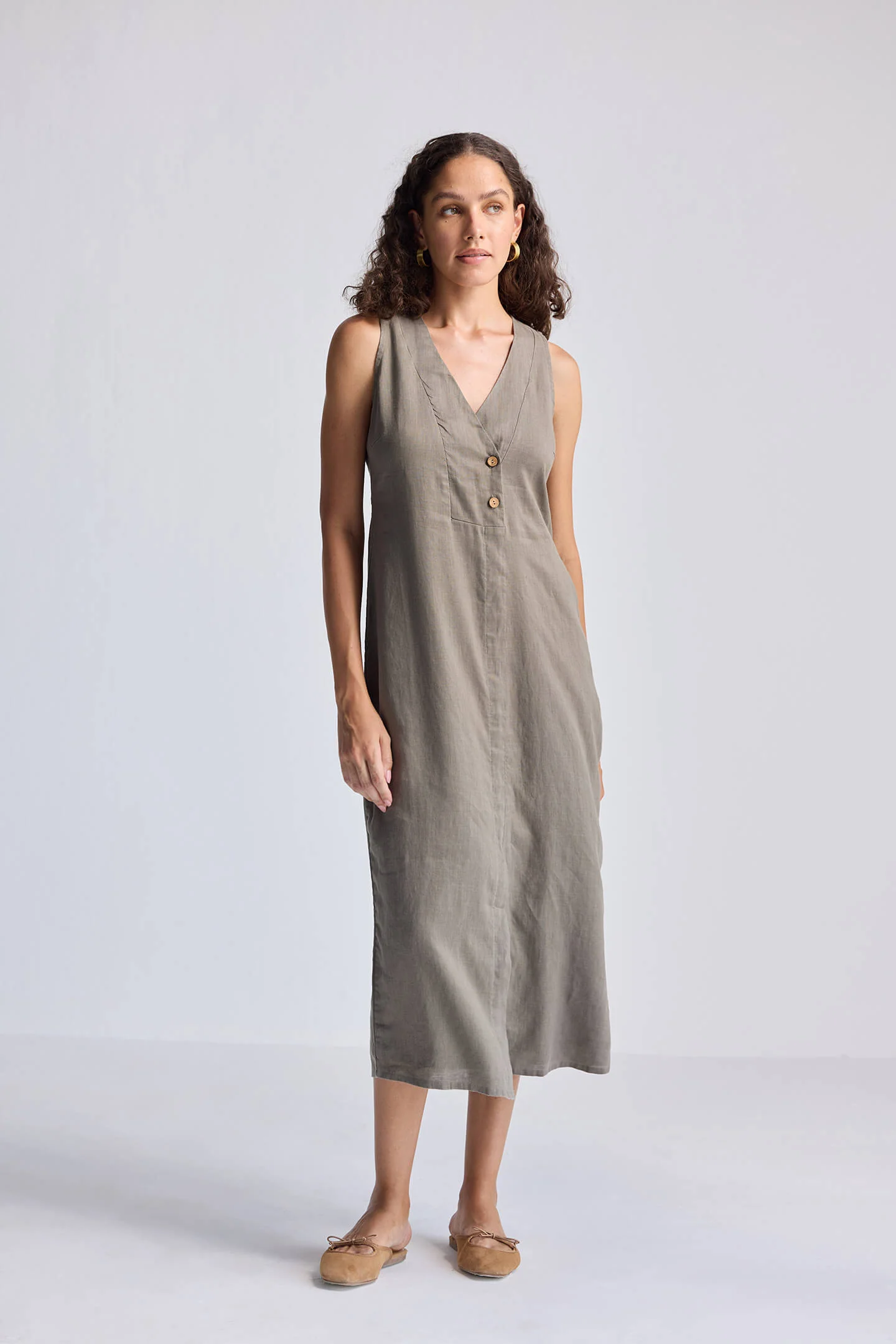 Straight Dress with Front Slit in Dark Green Hemp - Image 7