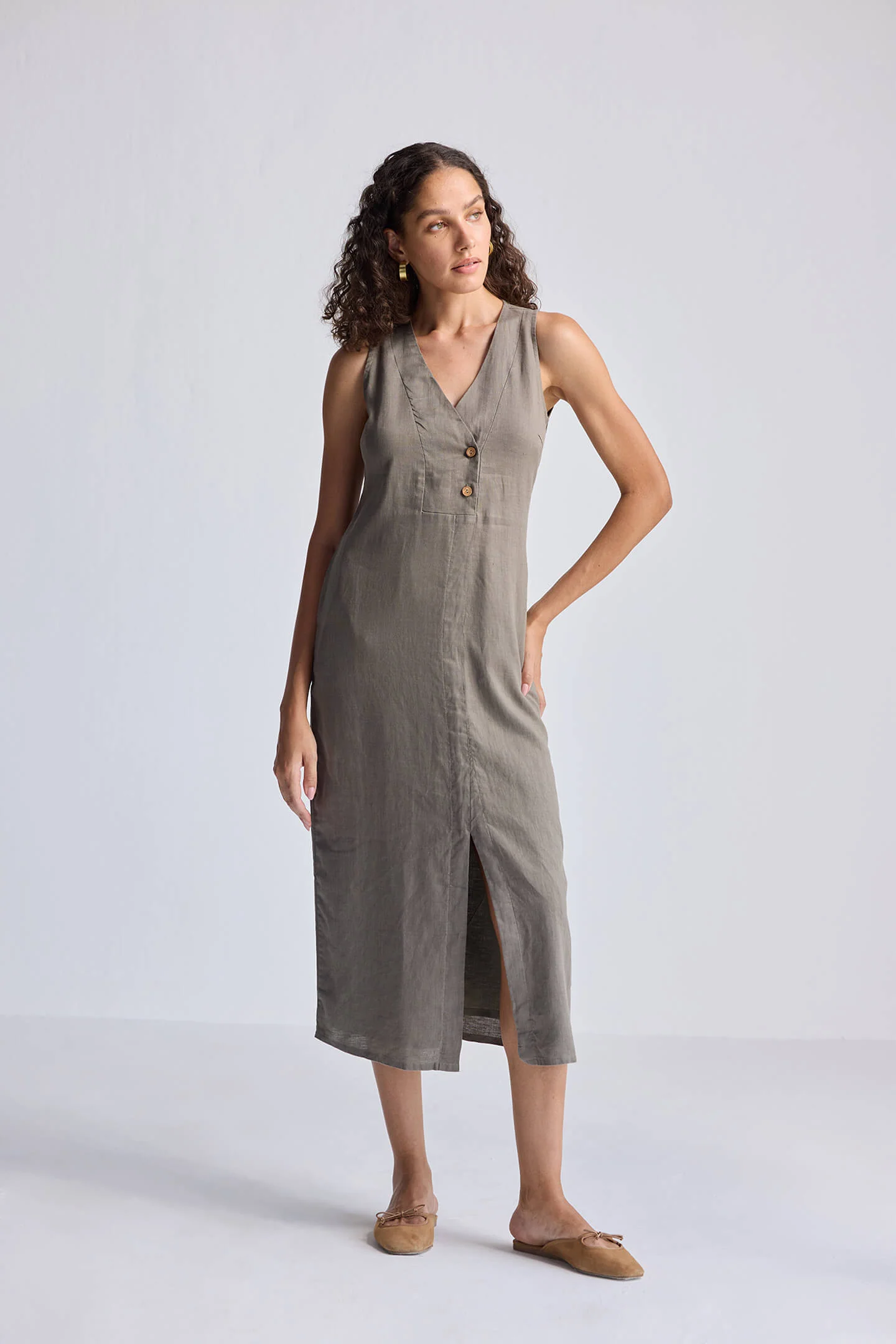 Straight Dress with Front Slit in Dark Green Hemp - Image 8