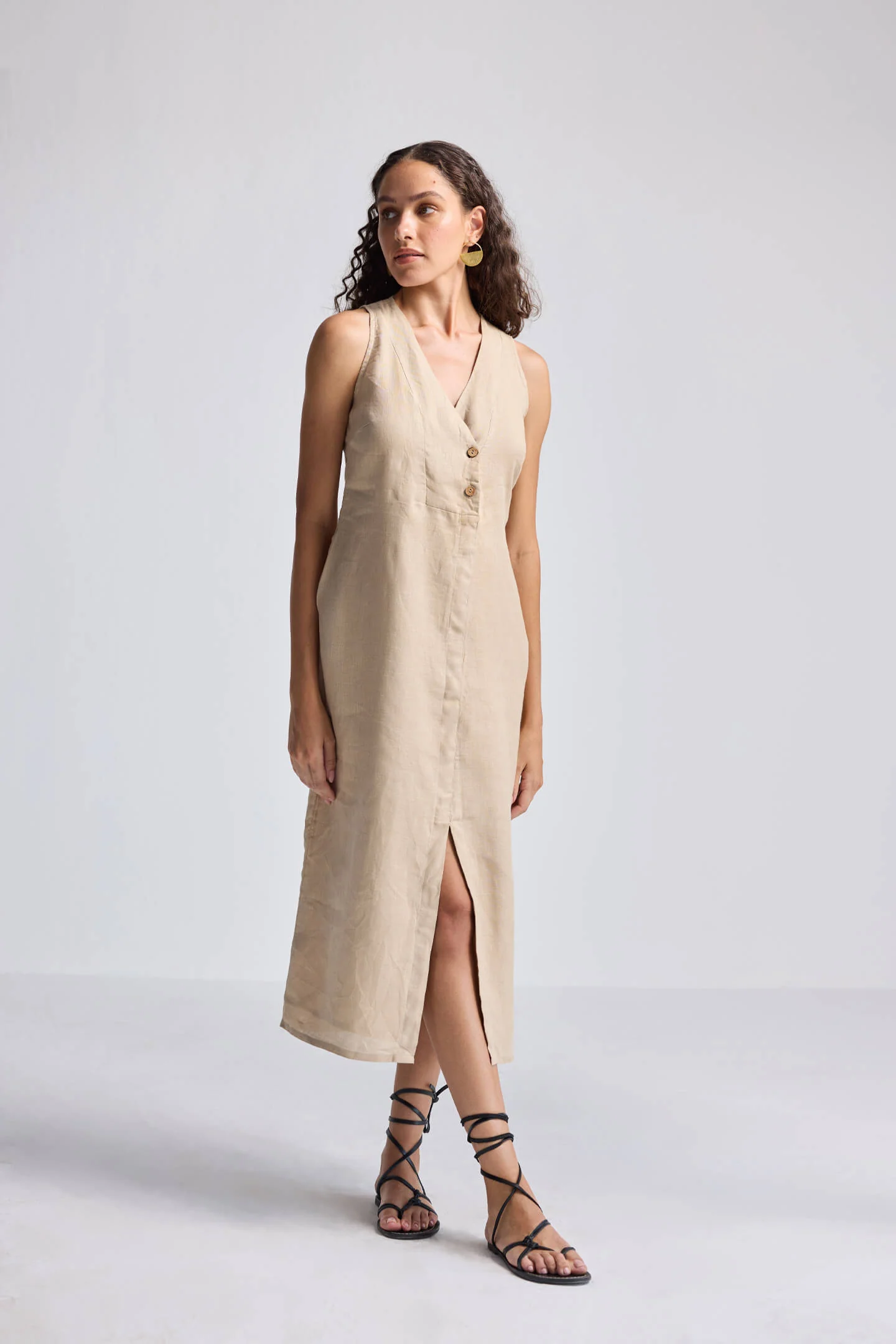 Straight Dress with Front Slit in Neutral Beige Hemp - Image 2