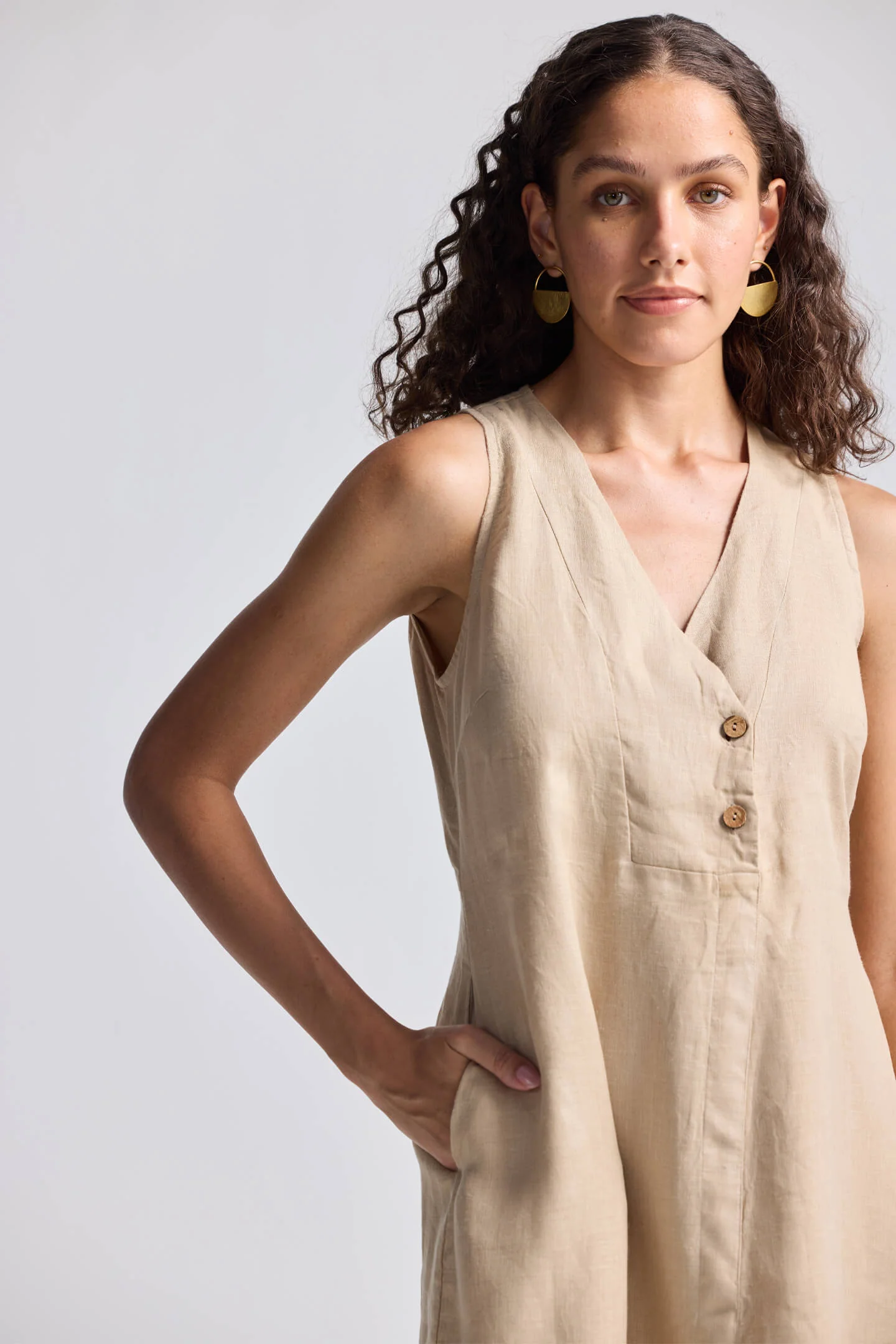 Straight Dress with Front Slit in Neutral Beige Hemp - Image 3