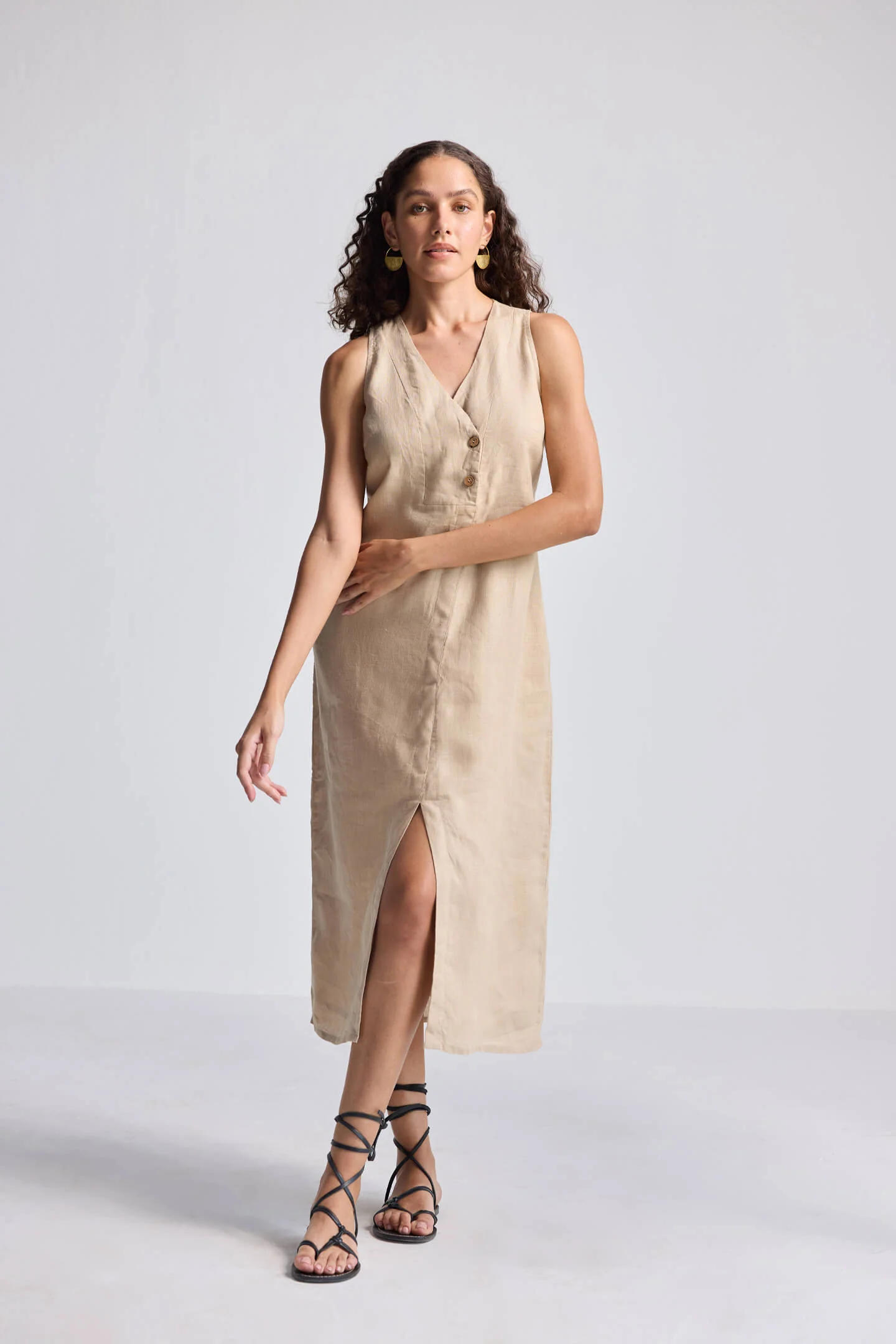 Straight Dress with Front Slit in Neutral Beige Hemp - Image 4