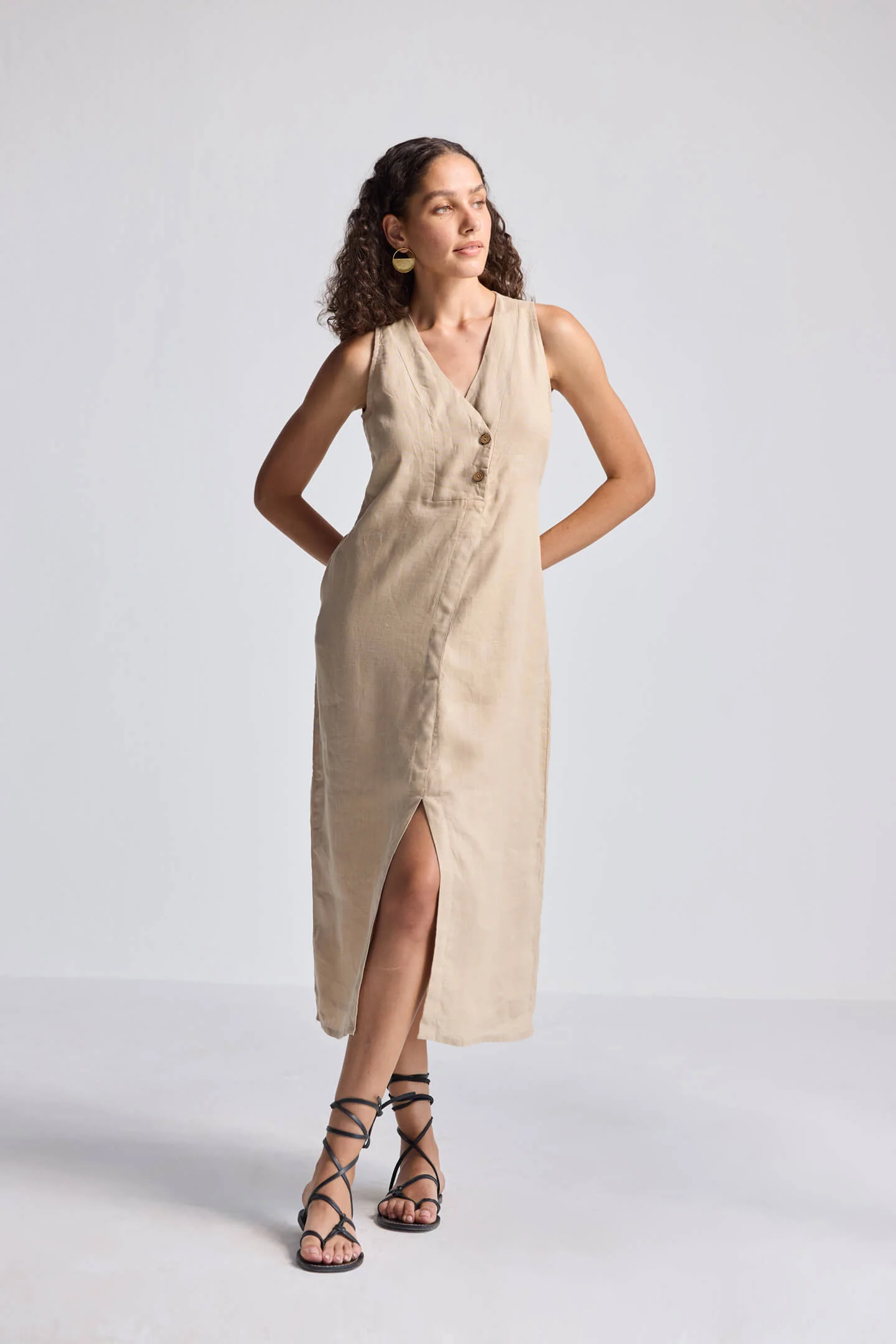 Straight Dress with Front Slit in Neutral Beige Hemp - Image 5