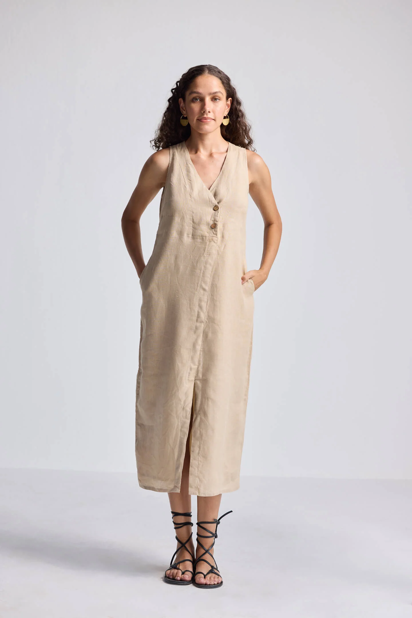 Straight Dress with Front Slit in Neutral Beige Hemp - Image 6
