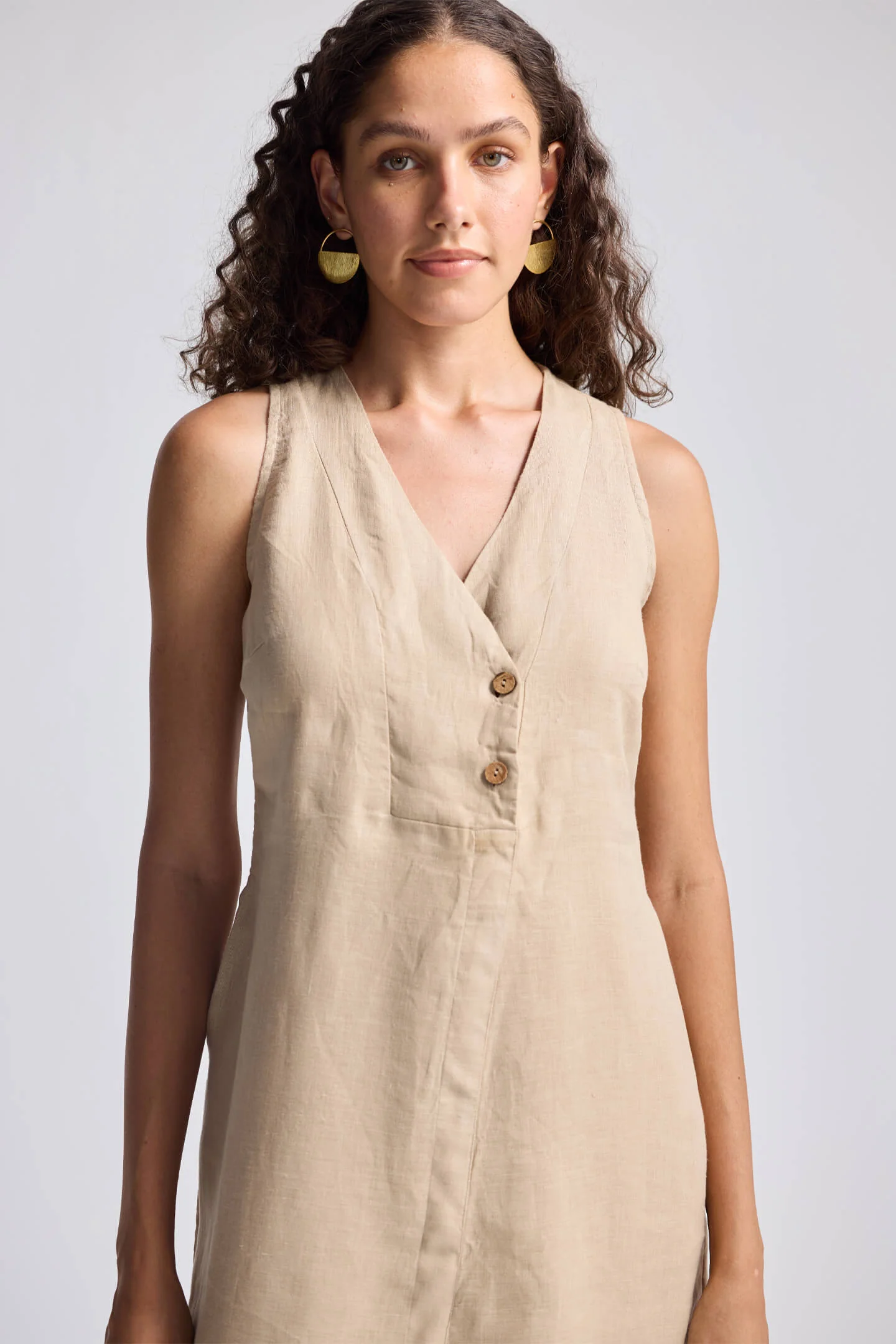 Straight Dress with Front Slit in Neutral Beige Hemp - Image 7