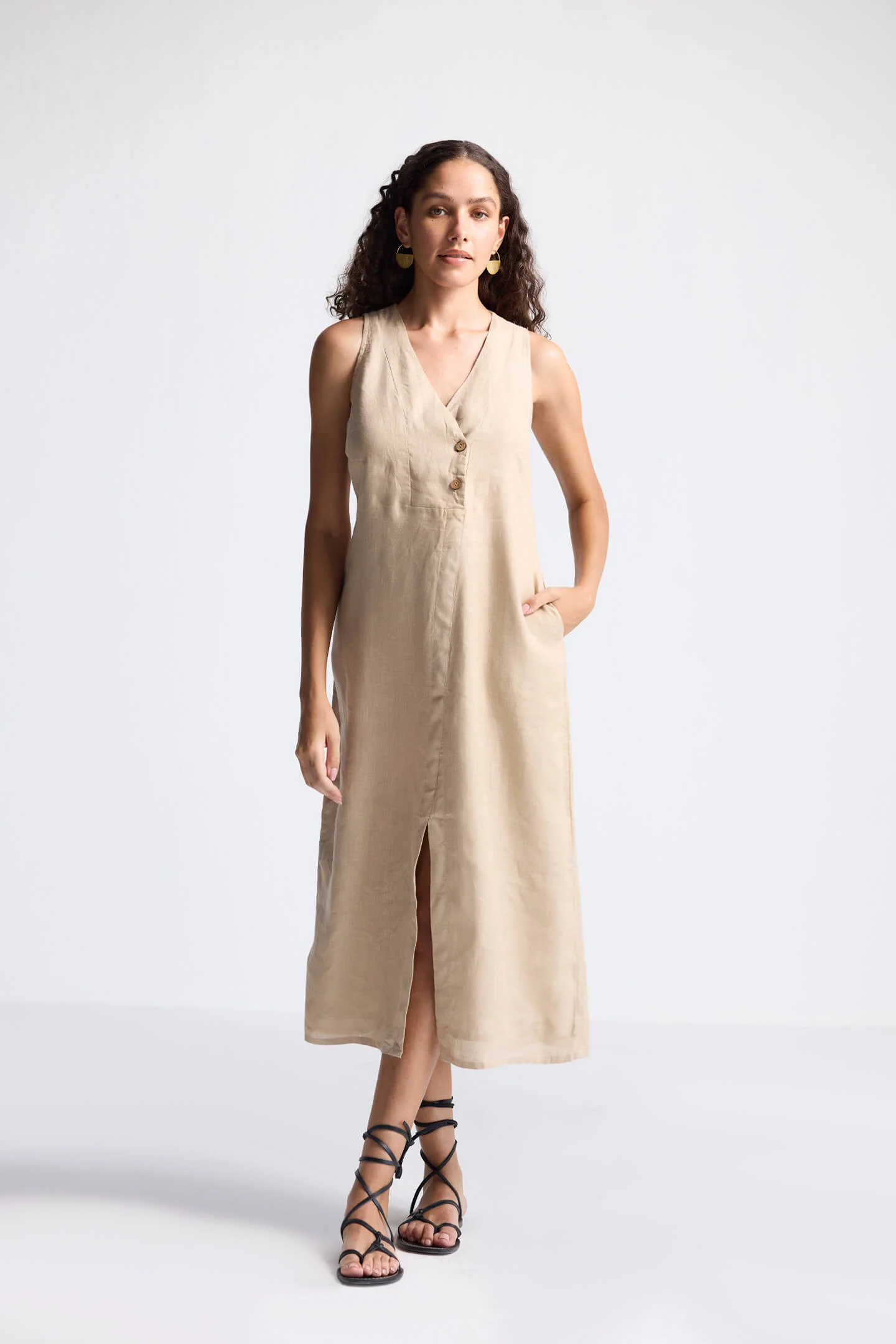 Straight Dress with Front Slit in Neutral Beige Hemp - Image 8