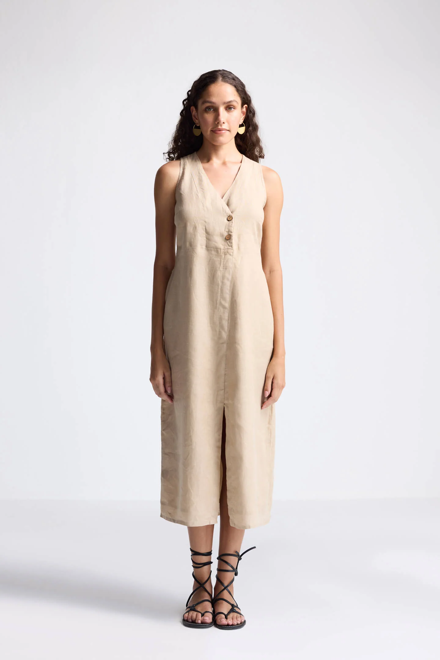 Straight Dress with Front Slit in Neutral Beige Hemp - Image 9