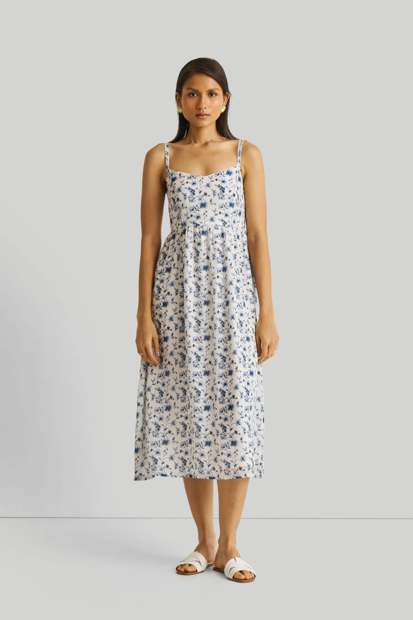 Strappy Gathered Blue Floral Midi Dress - Image 3