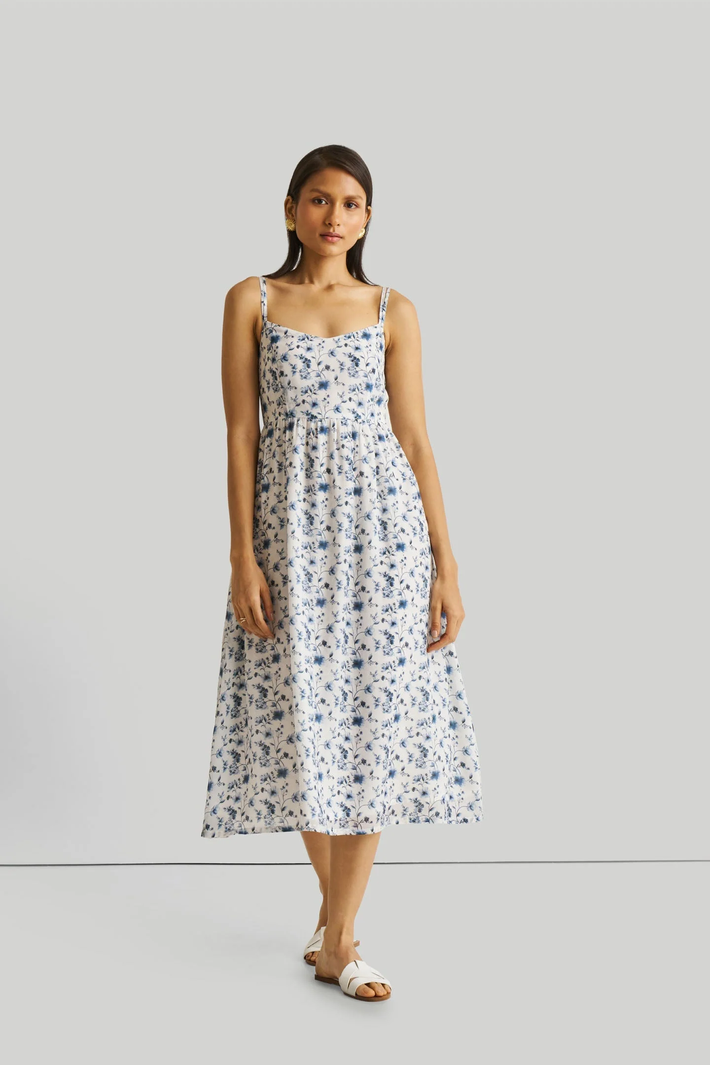 Strappy Gathered Blue Floral Midi Dress - Image 4