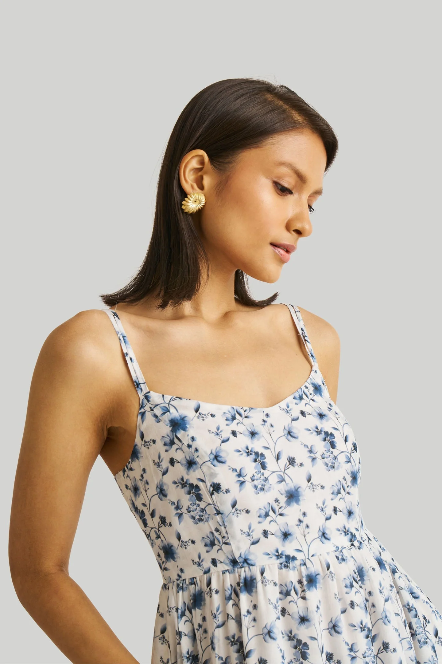 Strappy Gathered Blue Floral Midi Dress - Image 5