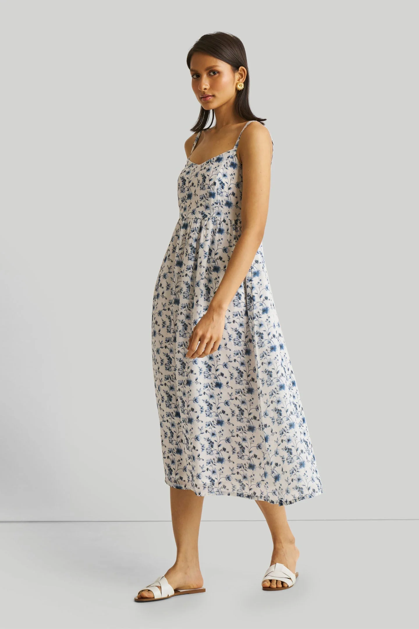 Strappy Gathered Blue Floral Midi Dress - Image 6