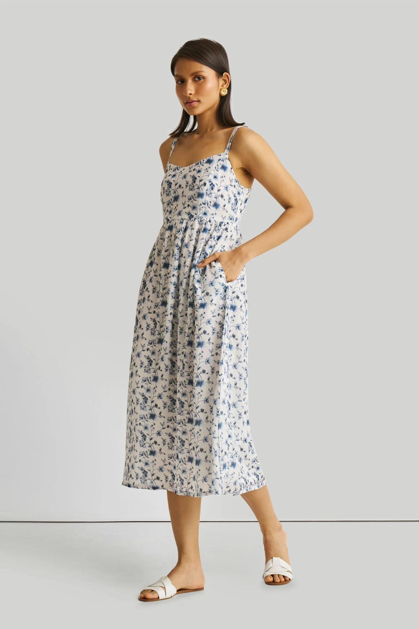 Strappy Gathered Blue Floral Midi Dress - Image 7