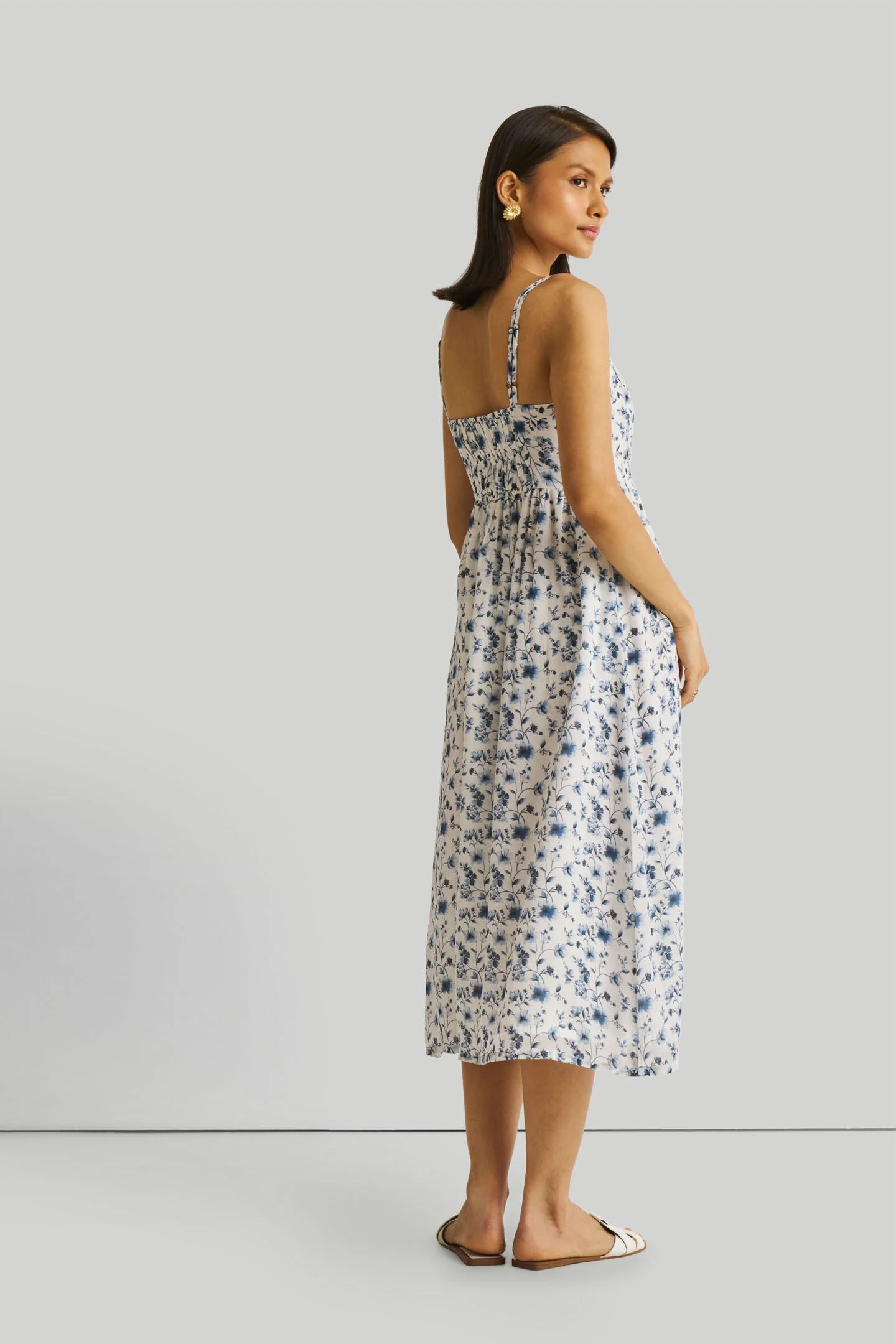 Strappy Gathered Blue Floral Midi Dress - Image 8