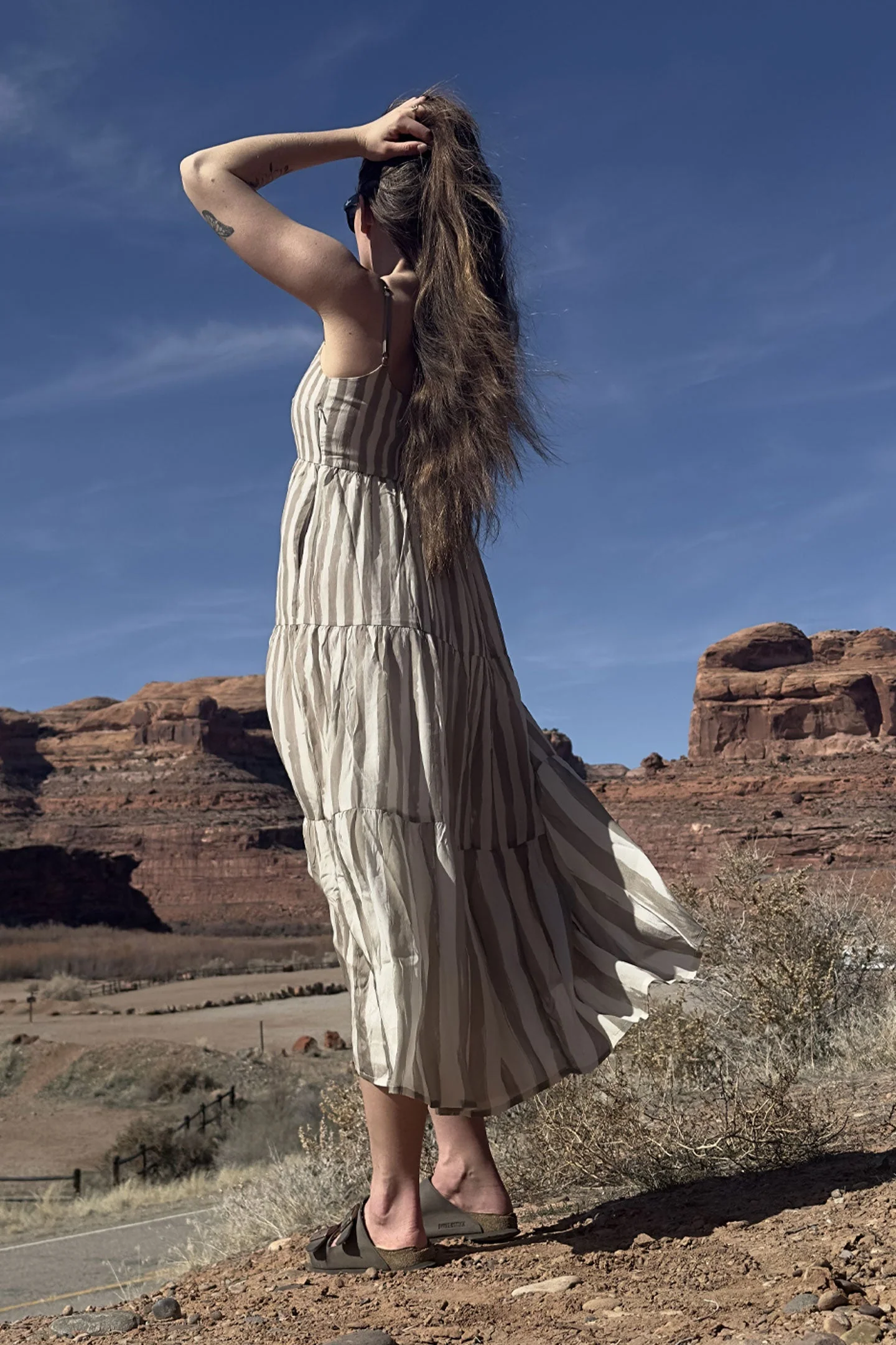 Strappy Tiered Maxi Dress in Beige Stripes - Image 10