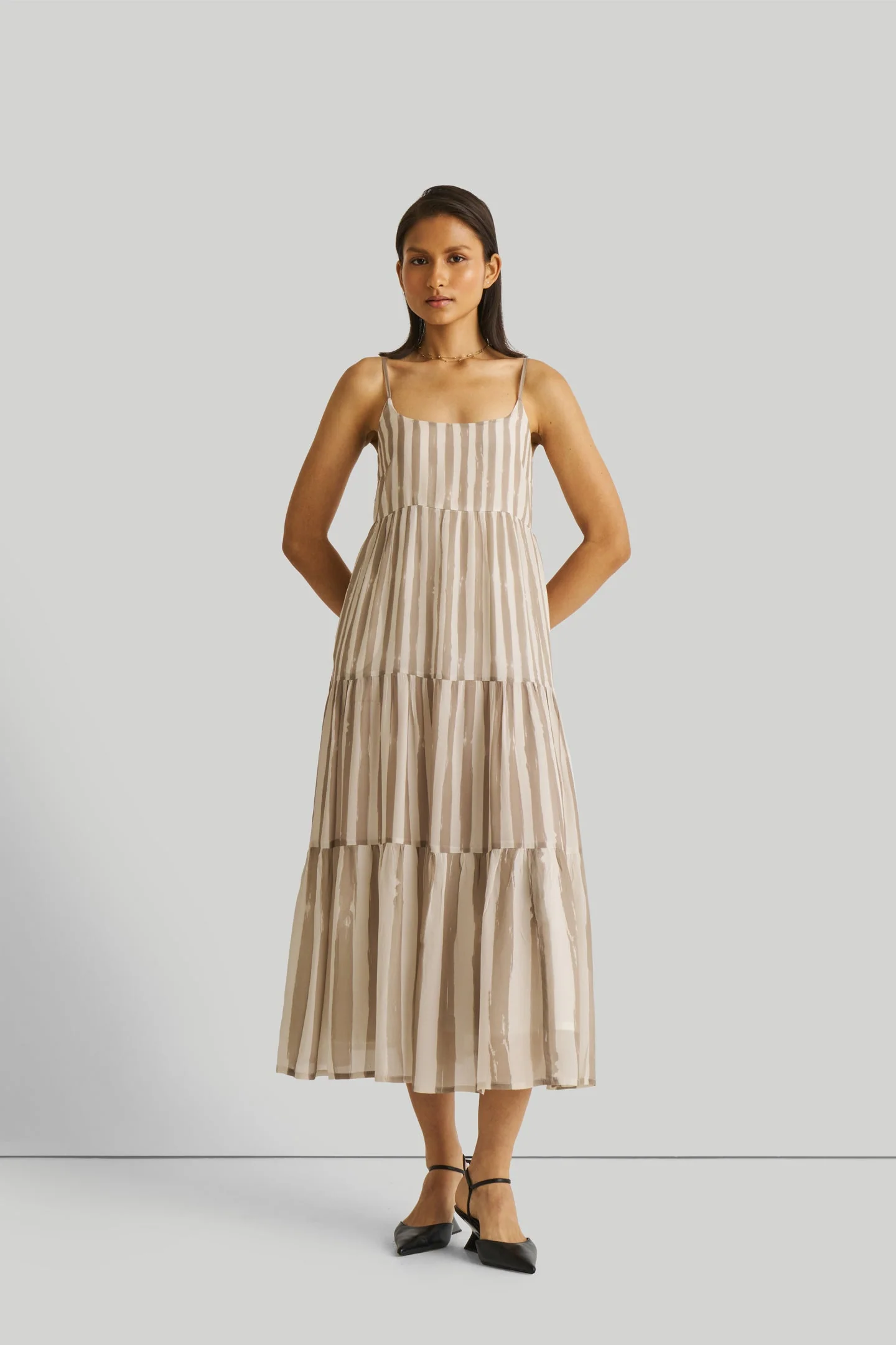 Strappy Tiered Maxi Dress in Beige Stripes - Image 3