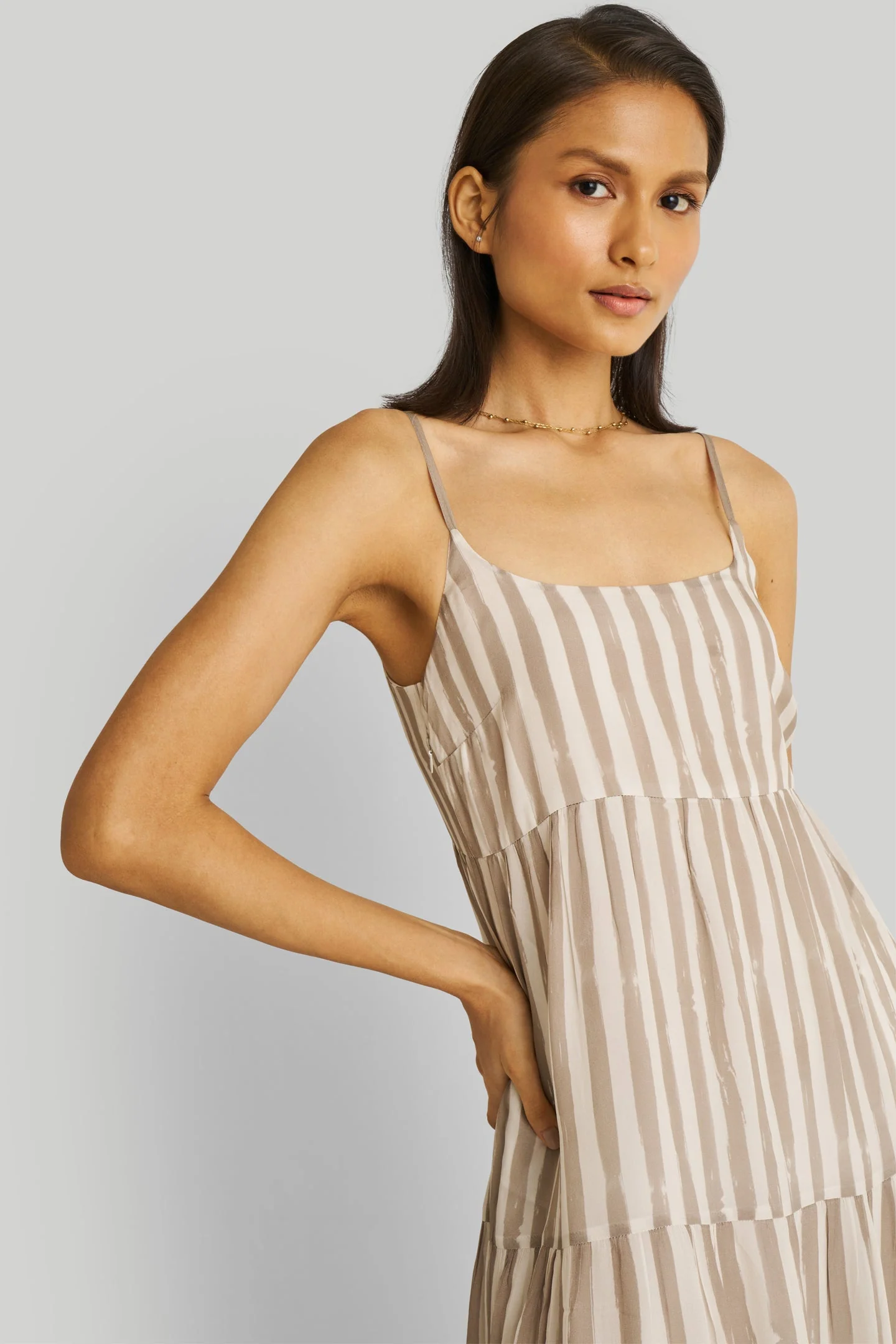 Strappy Tiered Maxi Dress in Beige Stripes - Image 4