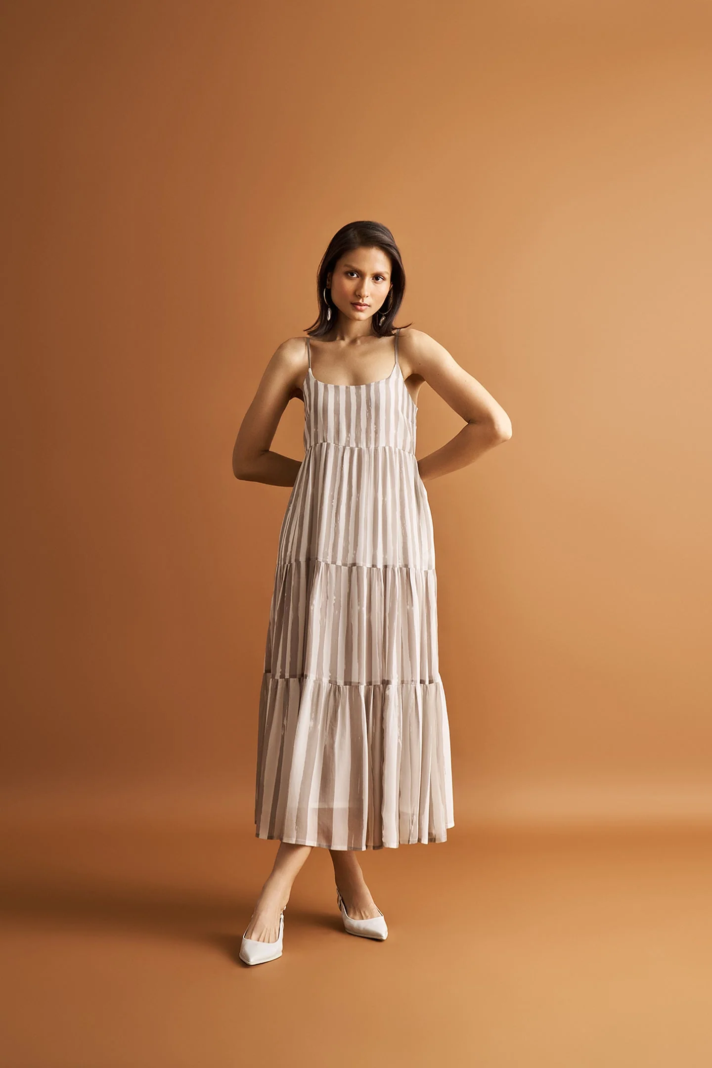 Strappy Tiered Maxi Dress in Beige Stripes - Image 7