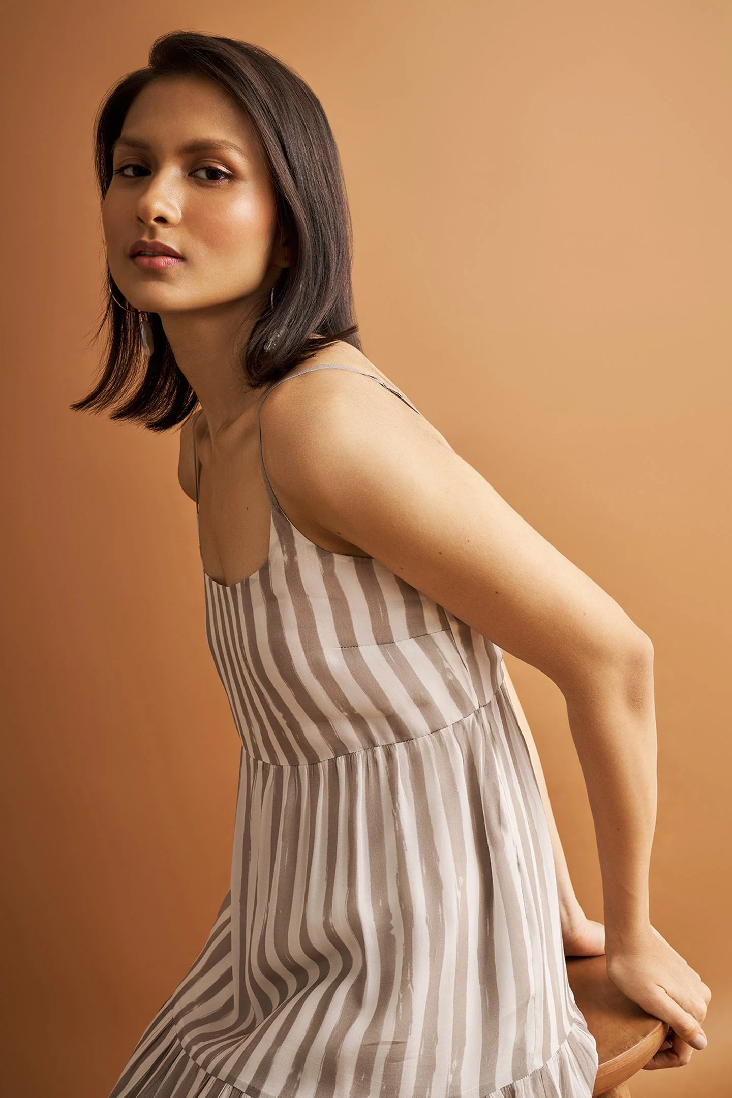 Strappy Tiered Maxi Dress in Beige Stripes - Image 8