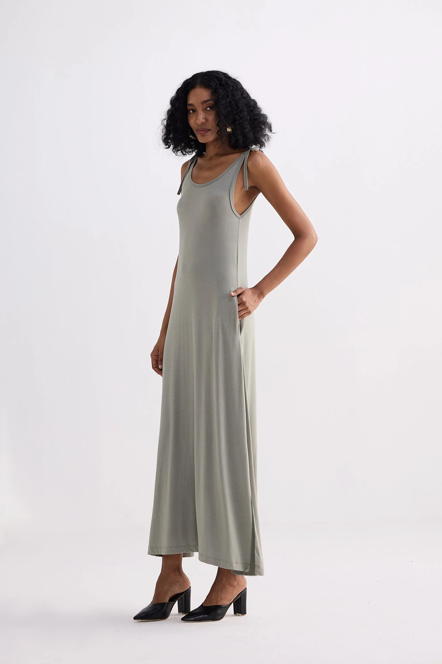 Tie-Detail Maxi Dress in Light Olive - Image 13