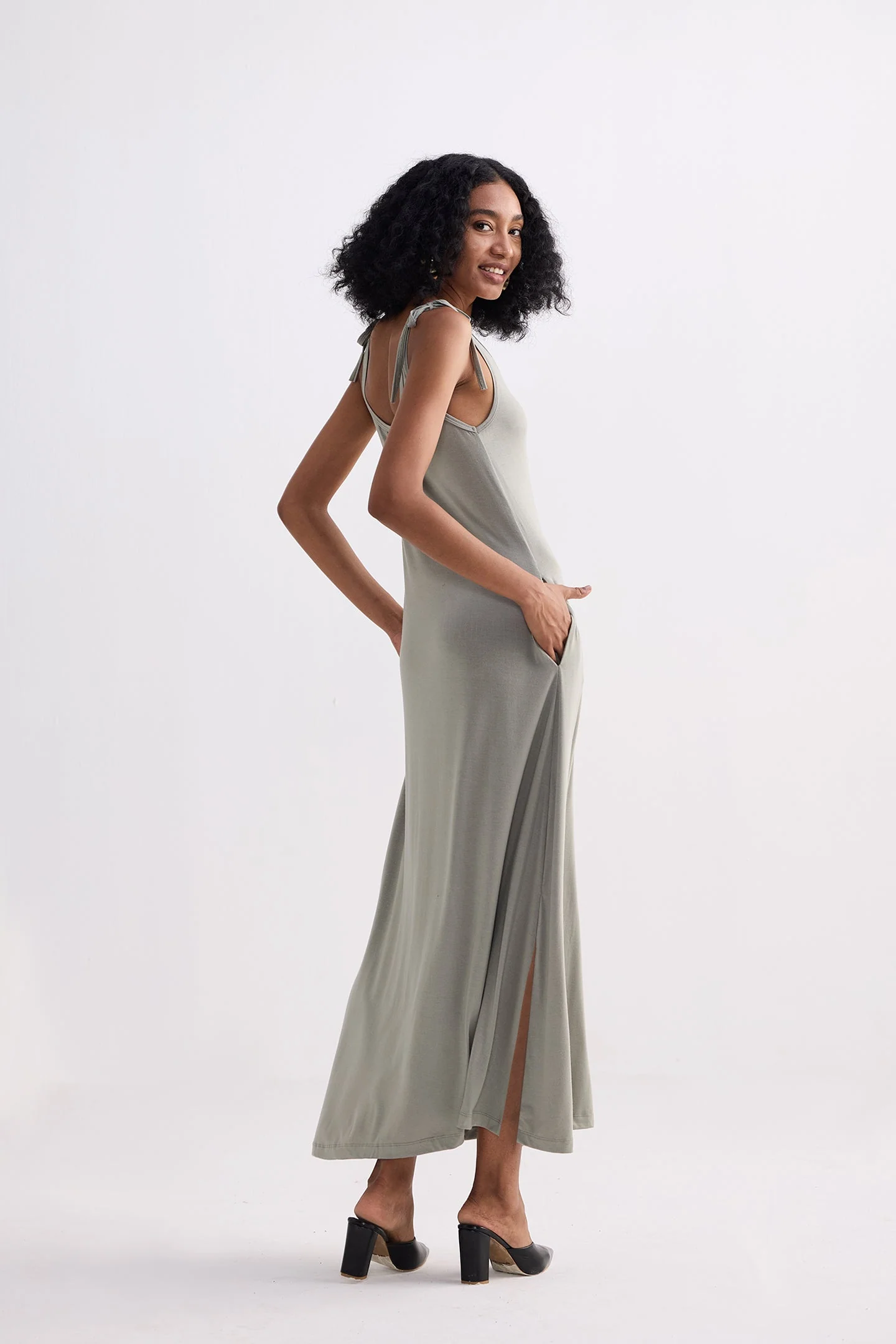 Tie-Detail Maxi Dress in Light Olive - Image 3