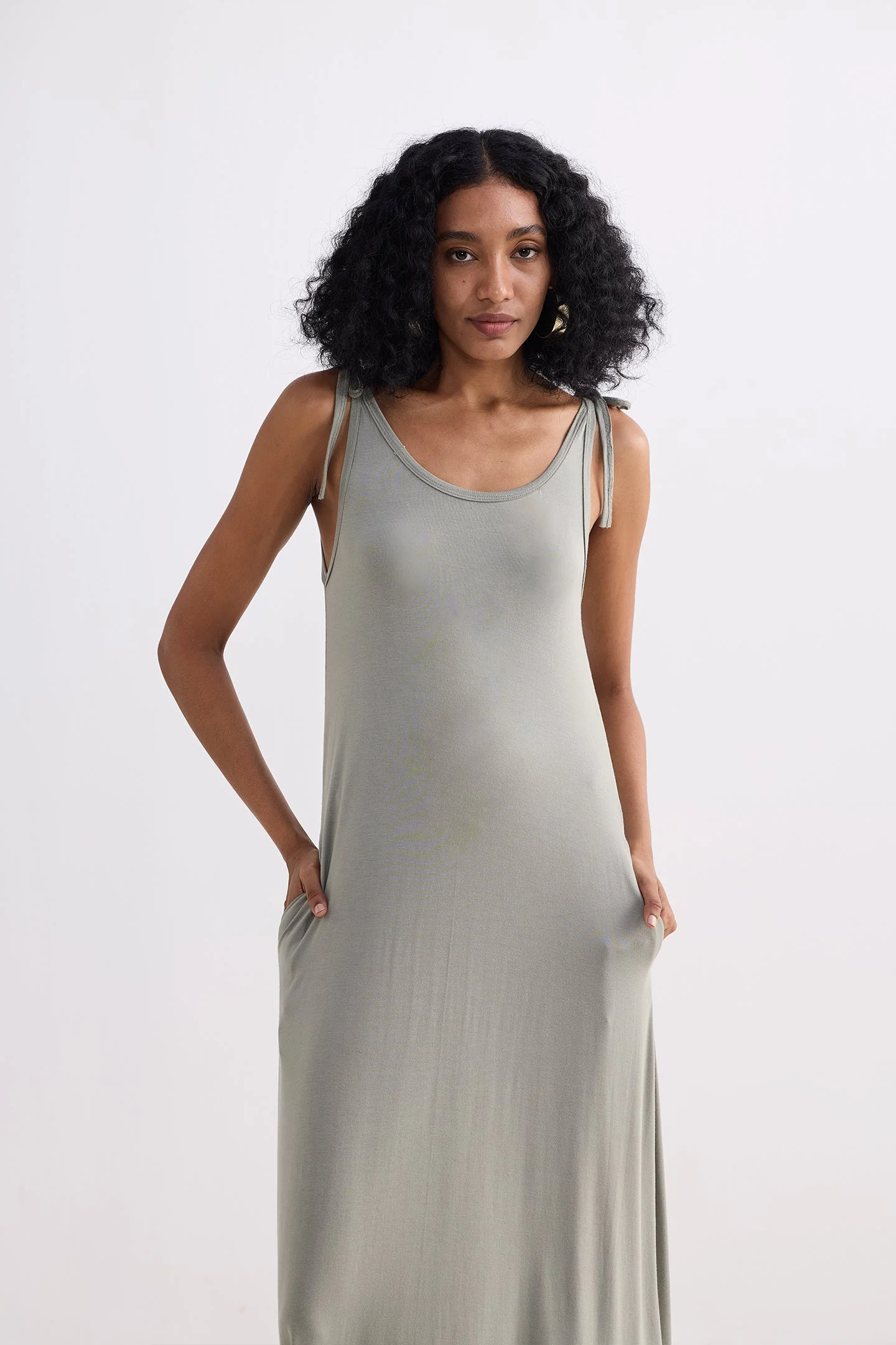 Tie-Detail Maxi Dress in Light Olive - Image 5