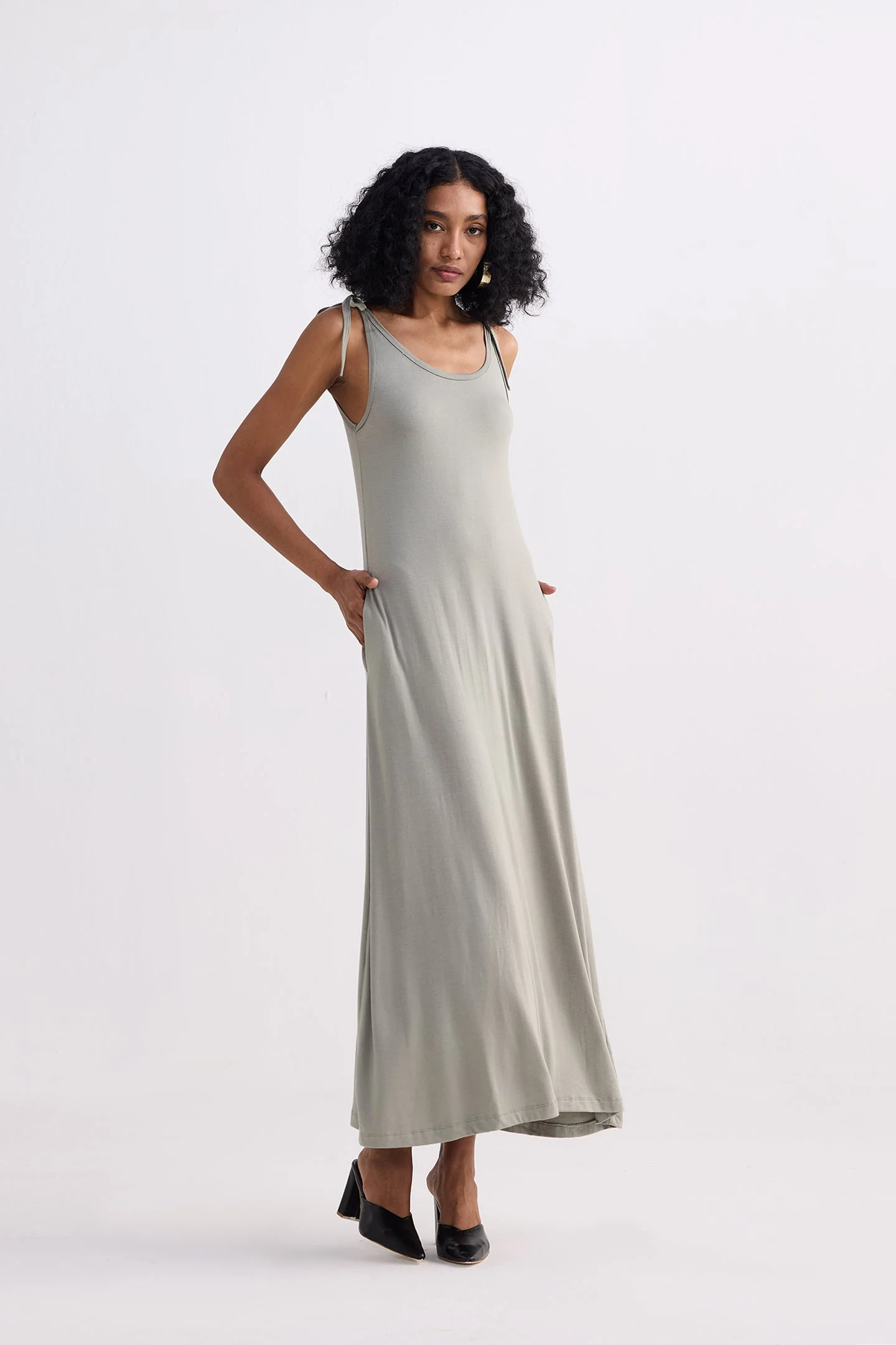 Tie-Detail Maxi Dress in Light Olive - Image 6