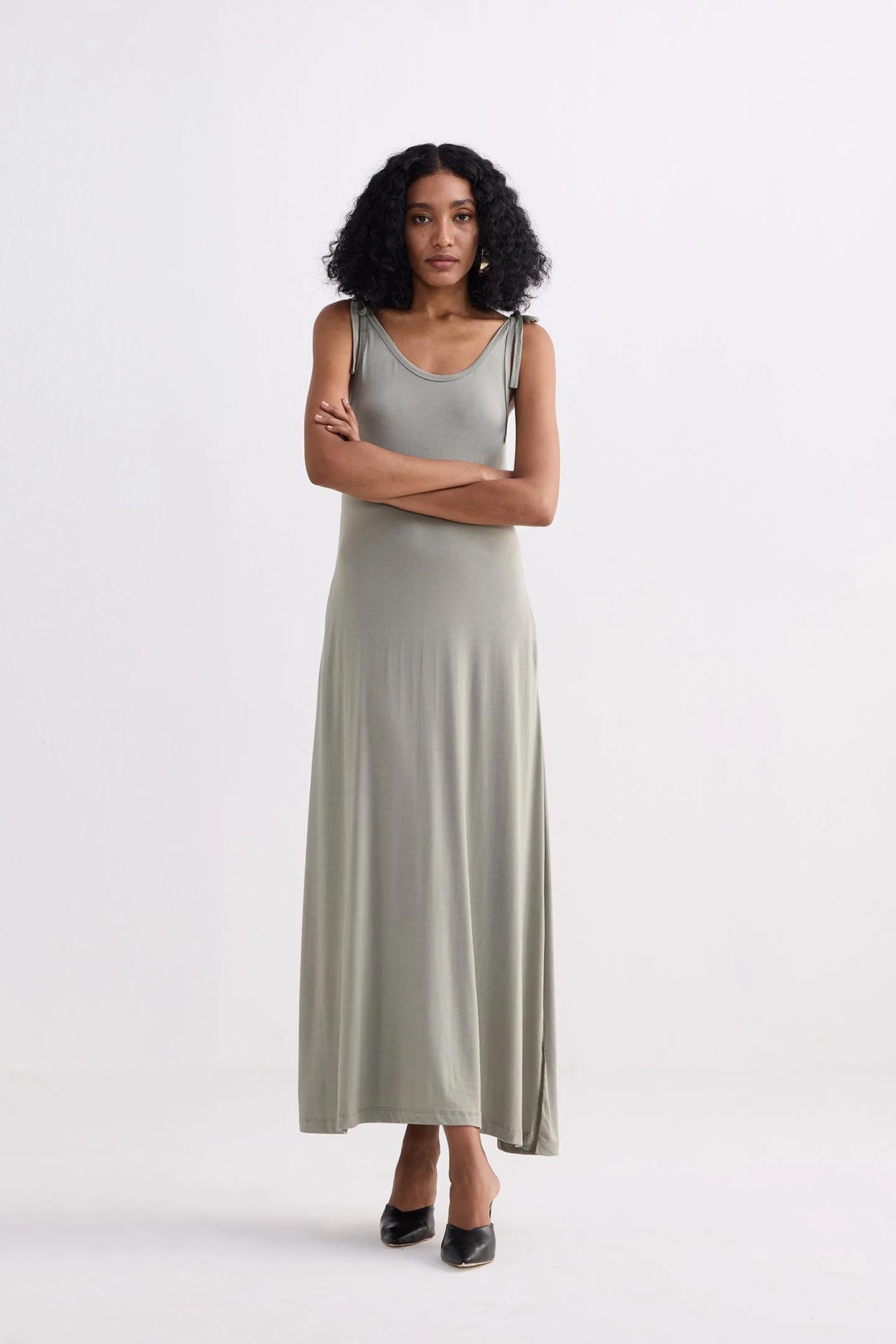 Tie-Detail Maxi Dress in Light Olive - Image 7