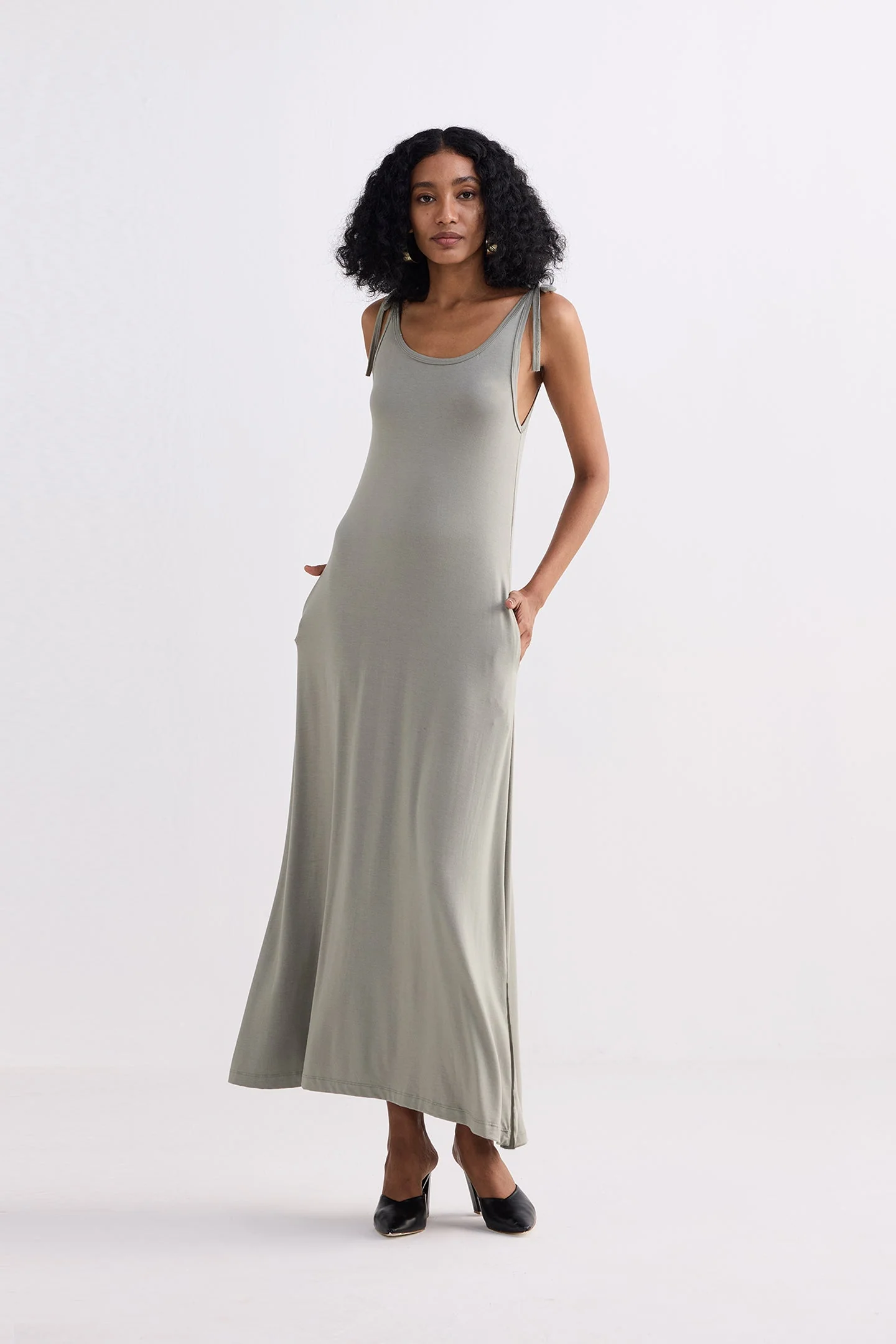 Tie-Detail Maxi Dress in Light Olive - Image 8