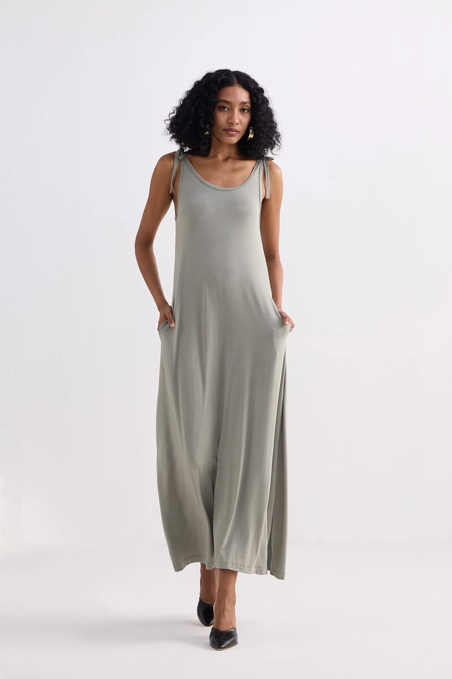 Tie-Detail Maxi Dress in Light Olive - Image 9