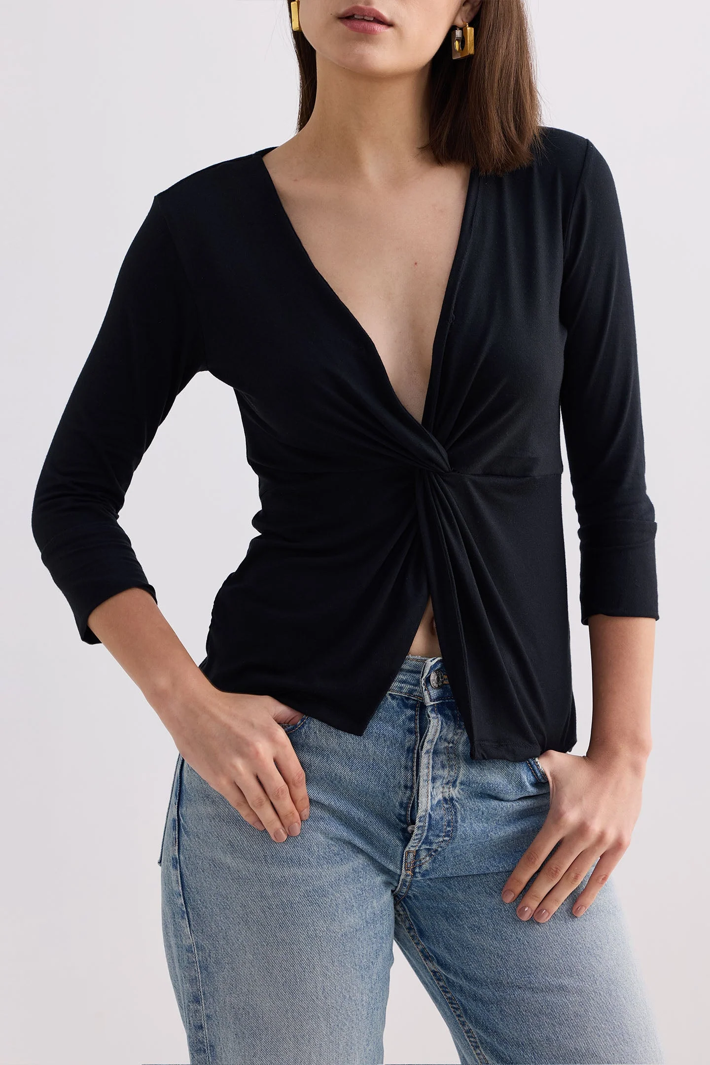 Twist Front Knit Shirt in Black - Image 6