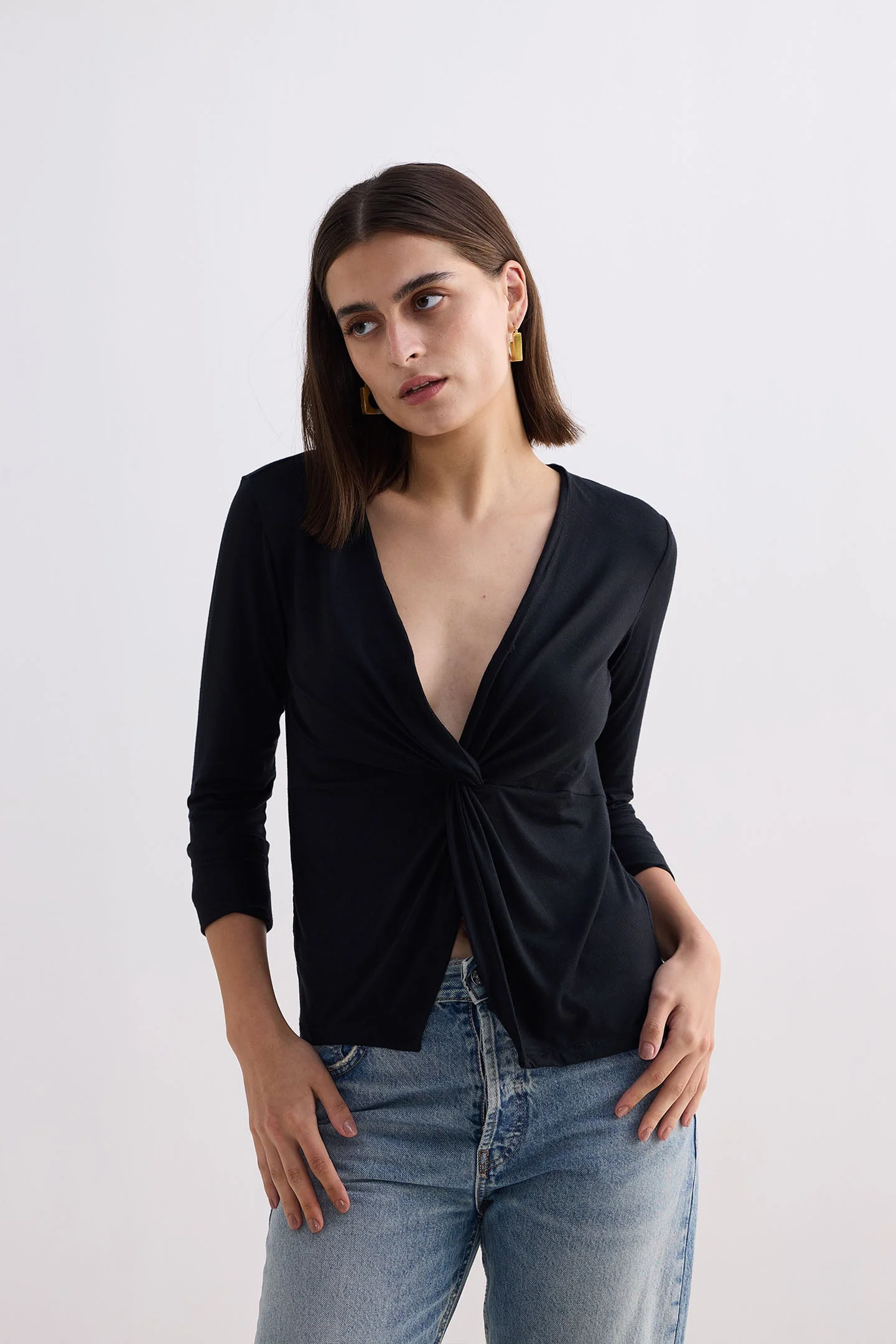 Twist Front Knit Shirt in Black - Image 7