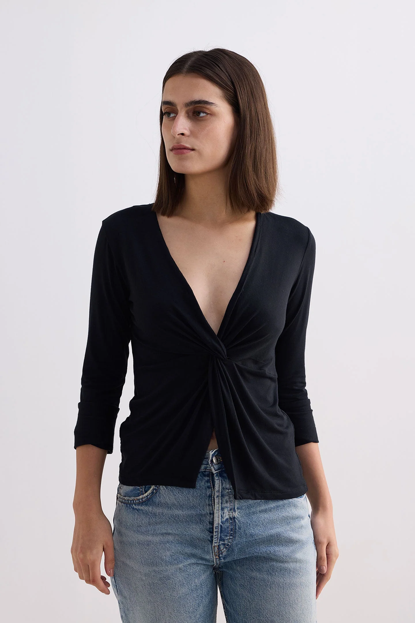 Twist Front Knit Shirt in Black - Image 9
