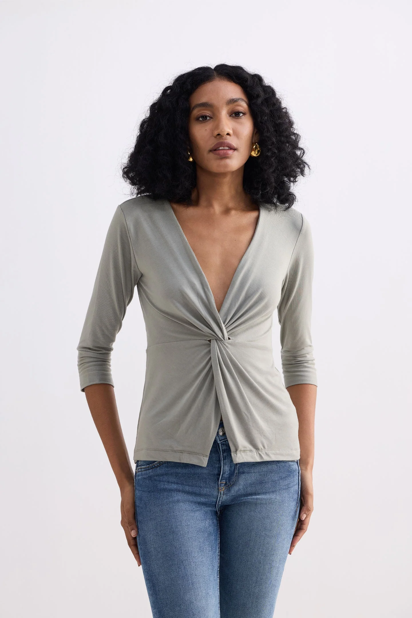 Twist Front Knit Shirt in Light Olive - Image 11