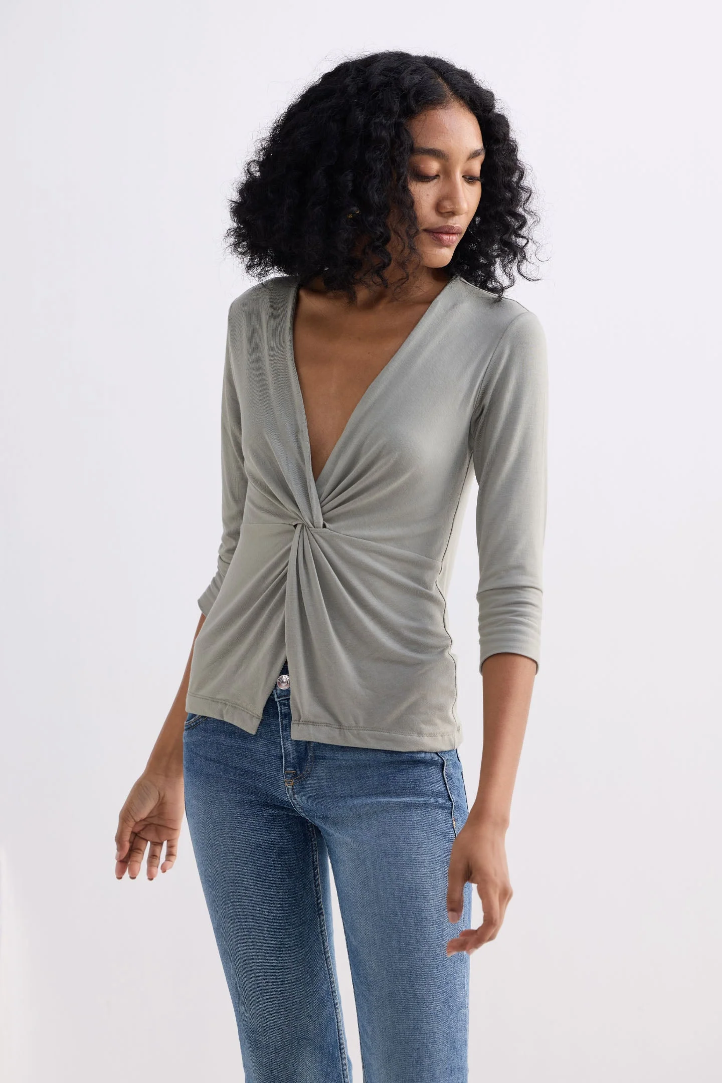 Twist Front Knit Shirt in Light Olive - Image 12