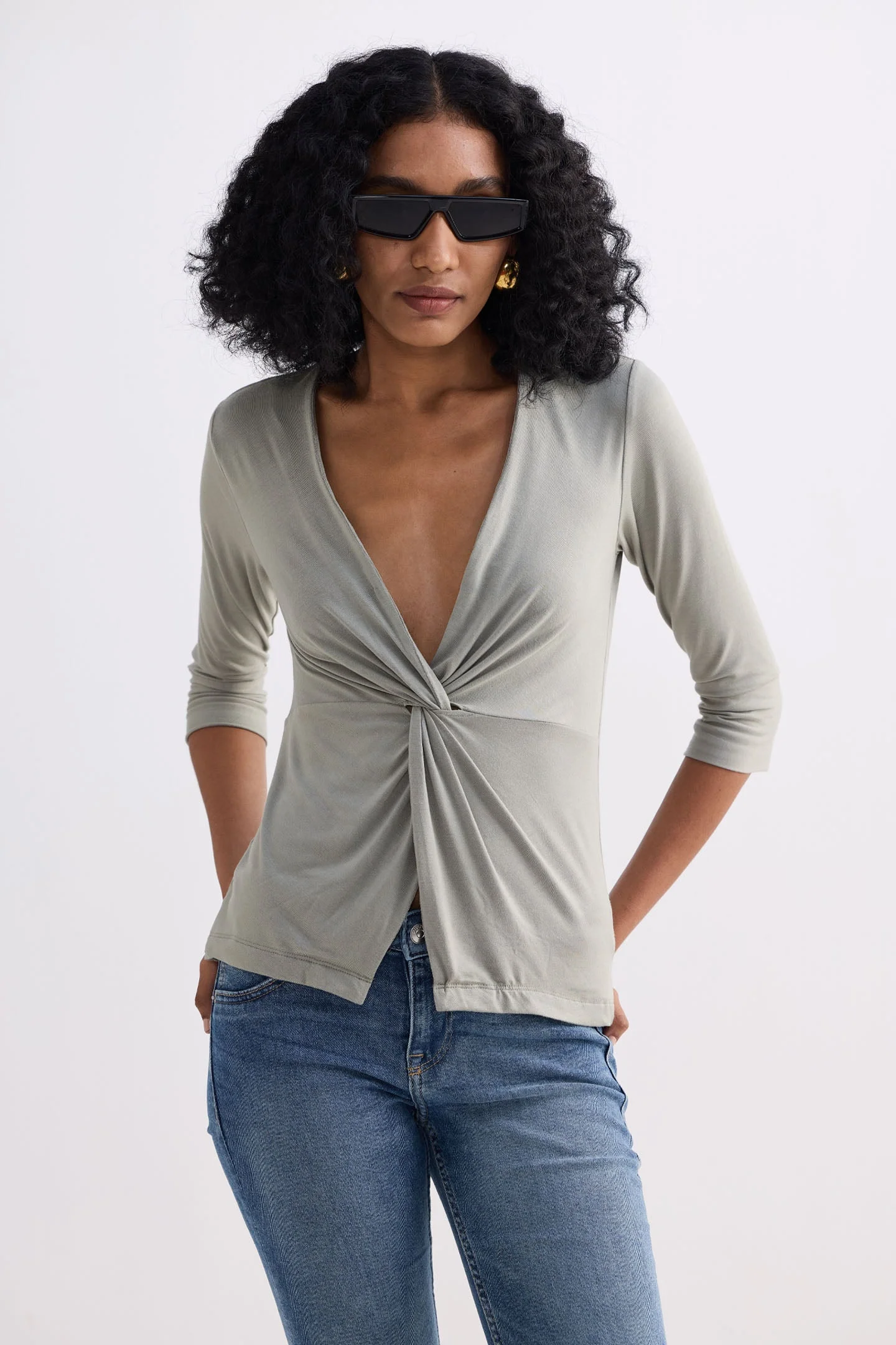 Twist Front Knit Shirt in Light Olive - Image 13